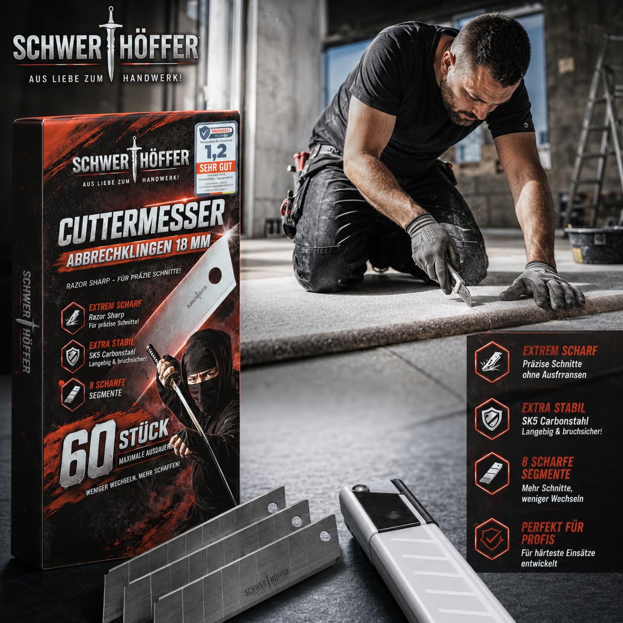 60x Profi Cuttermesser Klingen 18mm - Ersatzklingen Cuttermesser aus hochwertigem Stahl - Cutter Messer - Gehärtet & ultra scharf - Abbrechklingen für Cutter Messer