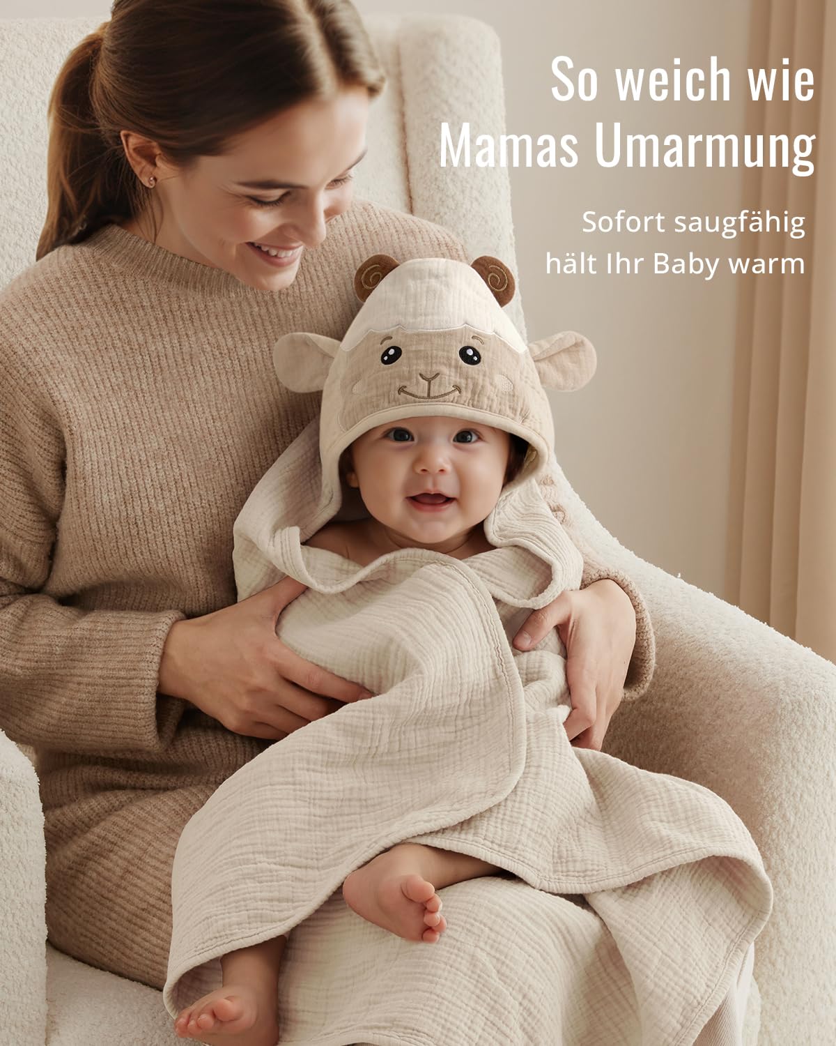 Blissful Diary Musselin Baby kapuzenhandtuch Baby, 2er-Pack,Weiche und Saugfähige Baby Handtuch Kapuze, Baumwolle Baby Badetuch Unisex, Babygeschenk, Baby-Basics, 81x81cm, Bär & Lamm