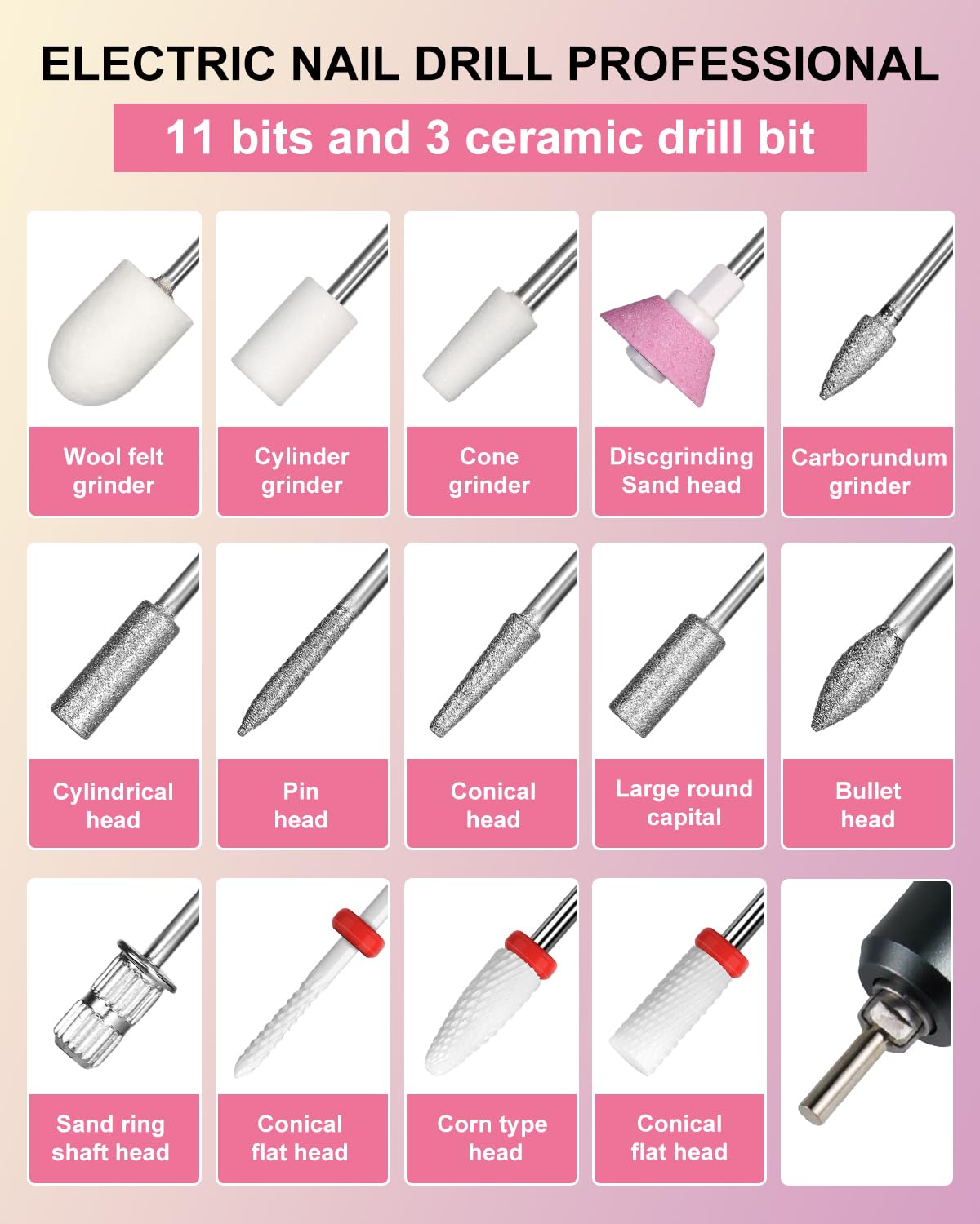 Professional Electric Nail Drill Kit 35000RPM with 14PCS Bits Pink Portable Rechargeable Cordless File Machine for Acrylic Gel Powder Nails and Manicure Pedicure Toenail Tool Salon Set
