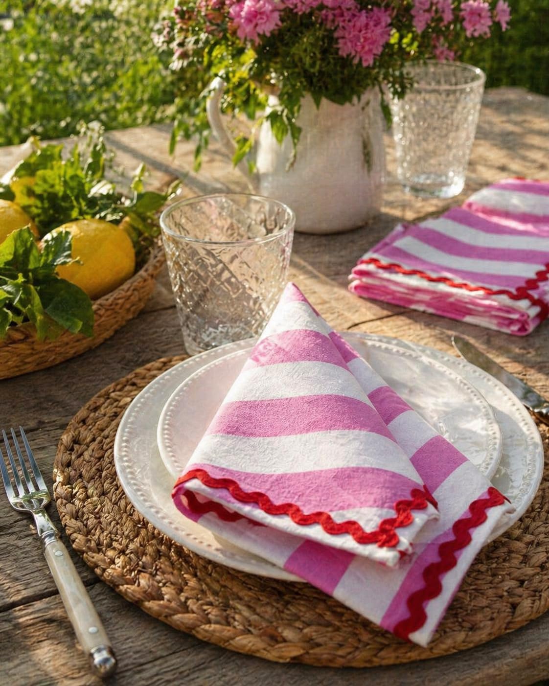 Pink Stripped Scallop Tea Towel | Set of 2, breathable and light cotton fabric-image-31