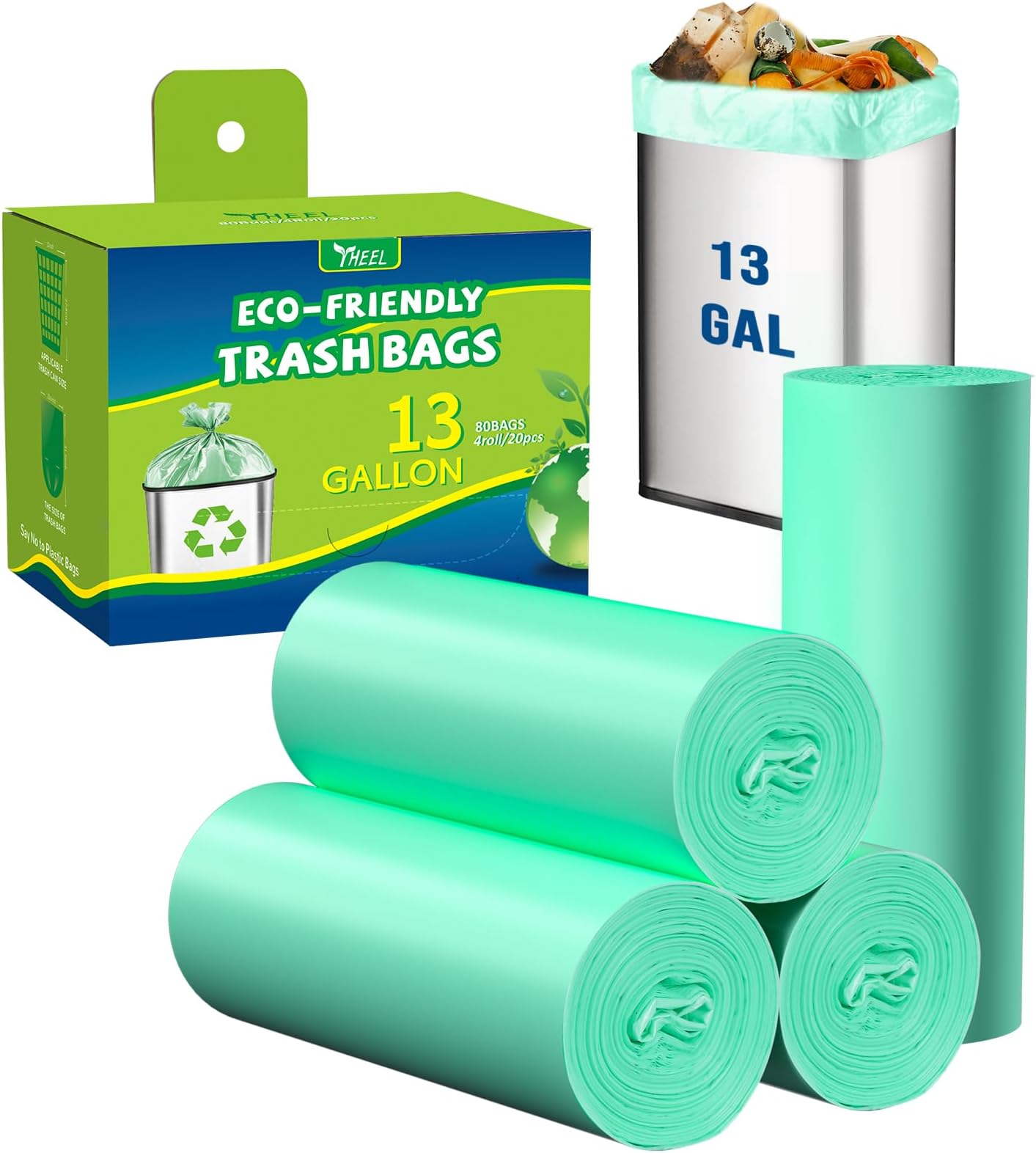 Kitchen Trash Bags 13 Gallon: Biodegradable Tall Kitchen Garbage Bags Strong Unscented Recycling Bags for Home/Office (Green, 80 Counts)