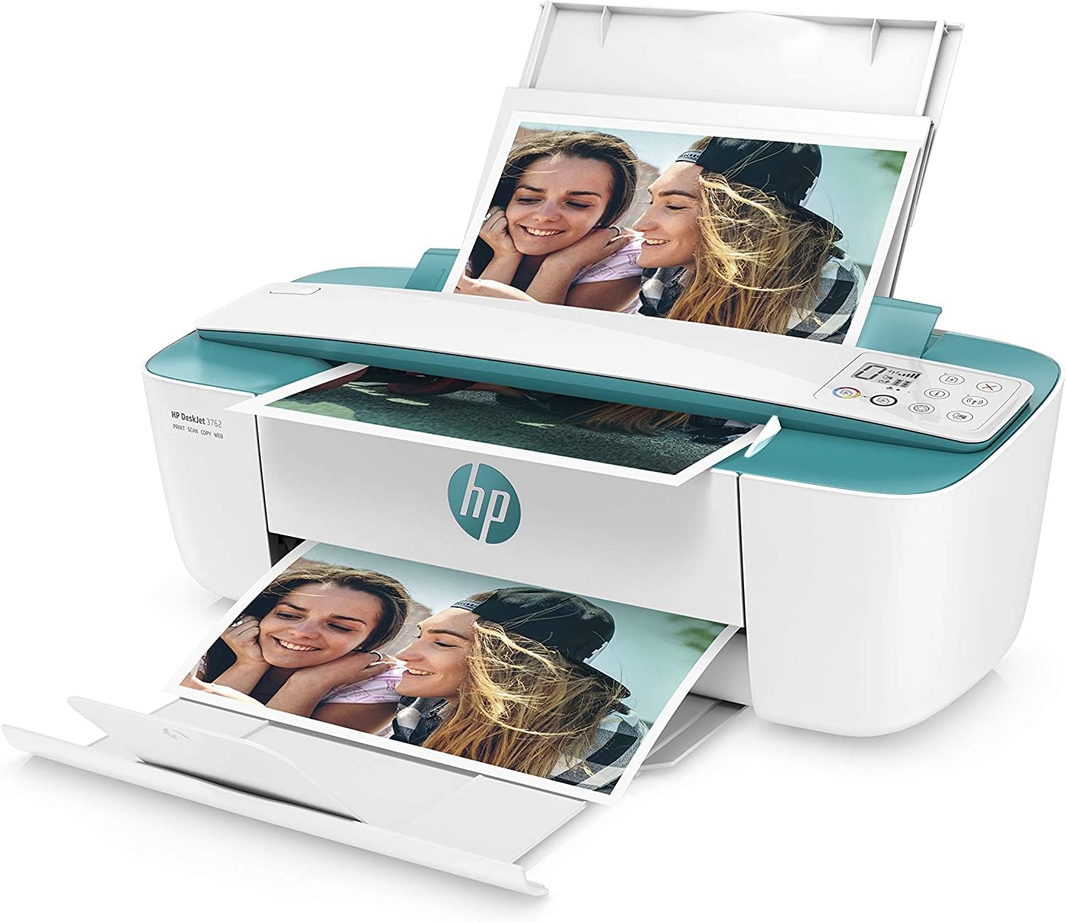 HP DeskJet 3762 printer with paper loaded in the input tray and a printed document in the output tray