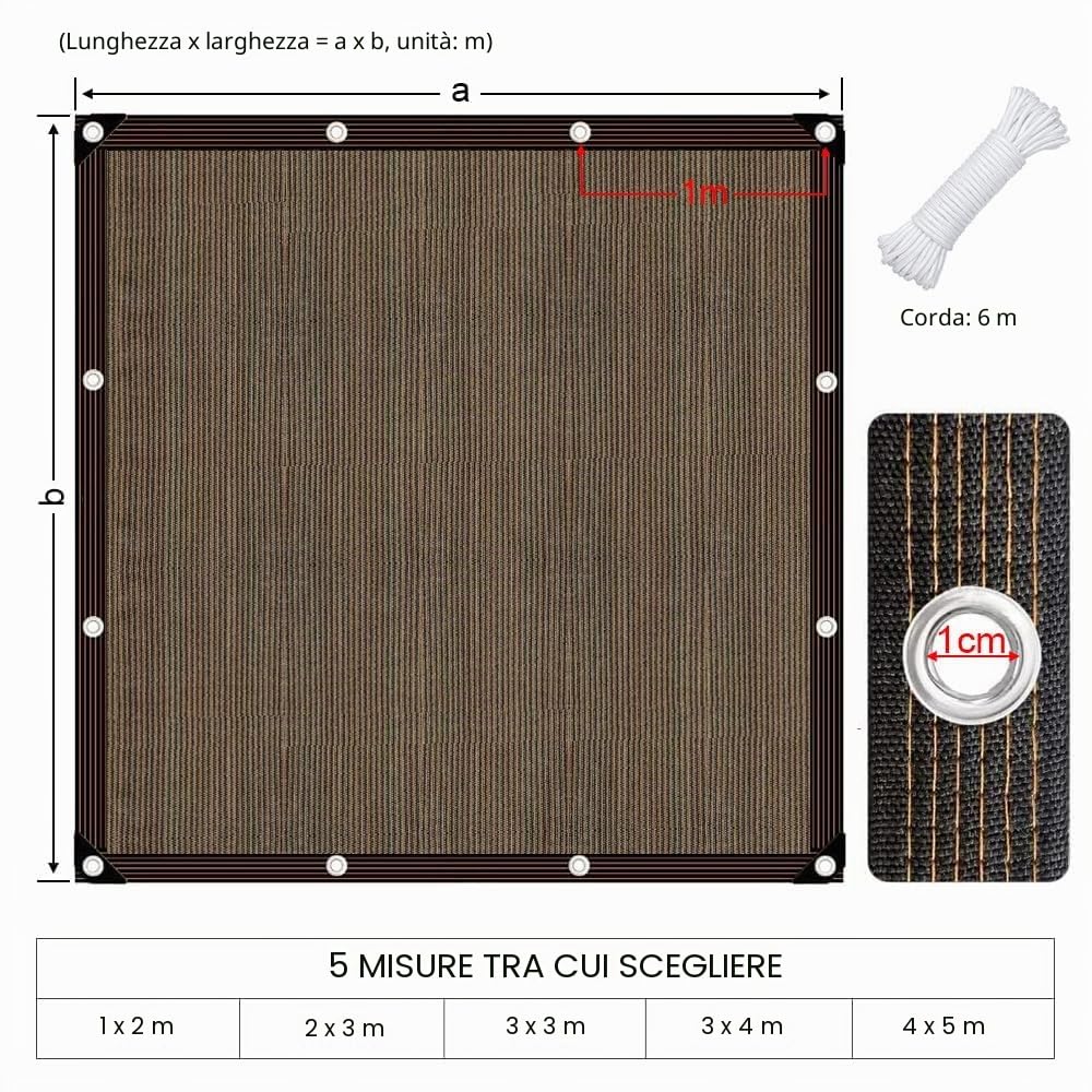 Rete ombreggiante con occhielli, 3 x 4 m, resistente ai raggi UV, rete ombreggiante per serra con corda da 5 m, protezione dagli sguardi indiscreti, per giardino, tenda da sole, terrazza