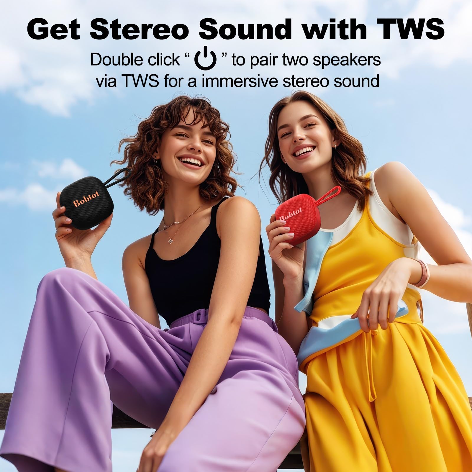 Bobtot Altoparlanti Bluetooth portatili, wireless, IPX7, impermeabile, mini altoparlante da doccia con suono stereo forte, 16 ore di riproduzione, bassi ricchi, TWS, microfono integrato, dimensioni
