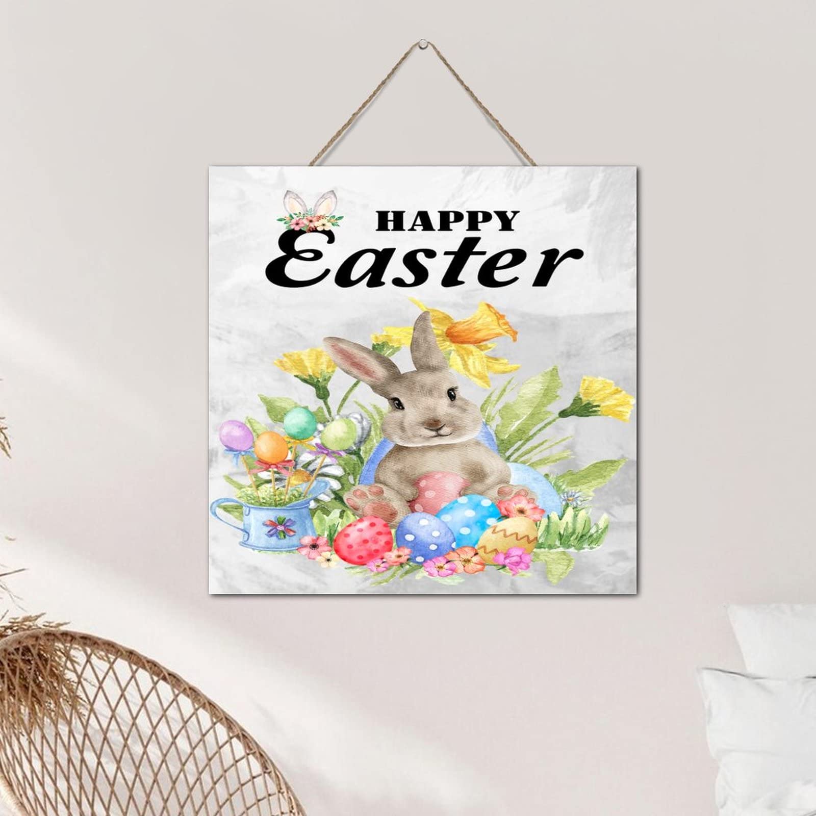 Happy Easter Holzschild – 30 Cm, Hasen-Motiv Für Haustür Oder Wand