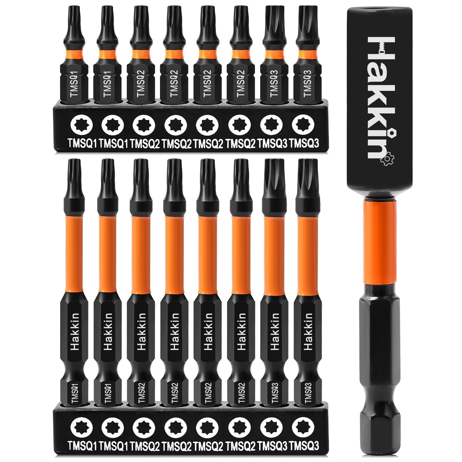 Double Square 8 Point Star Bit Set Hakkin 17Pcs S2 Steel 8 Spline Double Square Fastener Drive Bit Set Size #1, #2