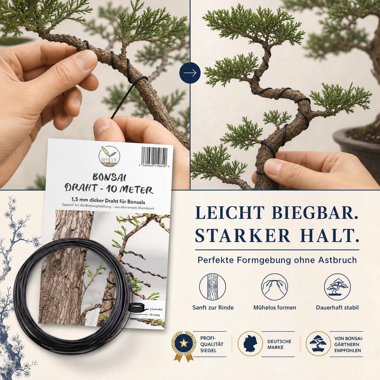 HAPPY SEED 10 m Filo per Bonsai in Alluminio anodizzato, Nero - Essenziale per Ottenere la Forma Desiderata del Bonsai - Ideale per cablare Alberi e Piante (1,5 mm)