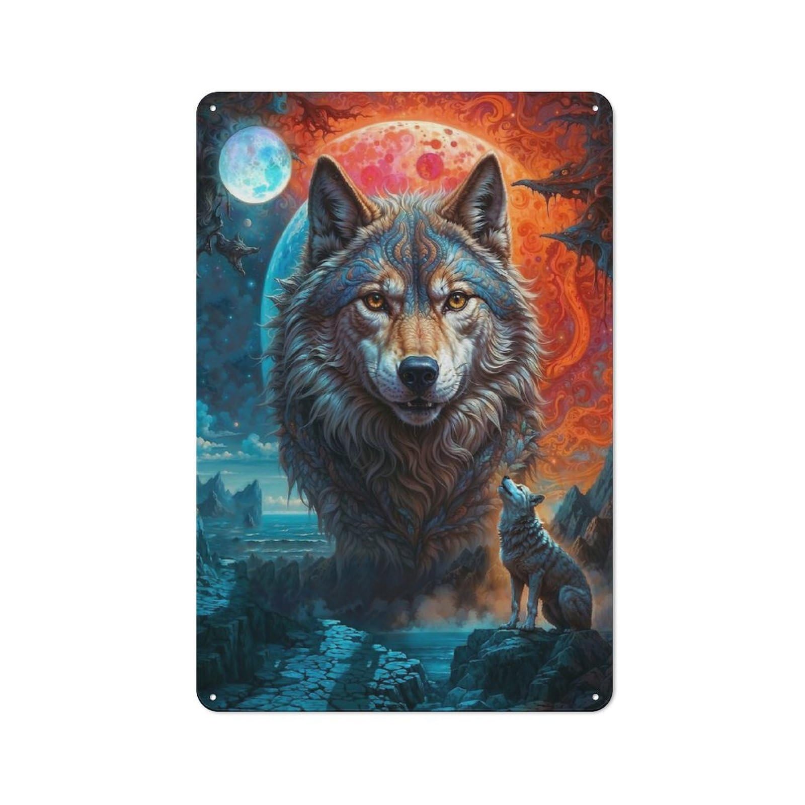 Junmoney Howling At Lone Wolf Moon Retro Metal Wall Sign 30X20cm For Garage Or Workshop, For Kitchen, Dining Room And Home Bar Wall Decor