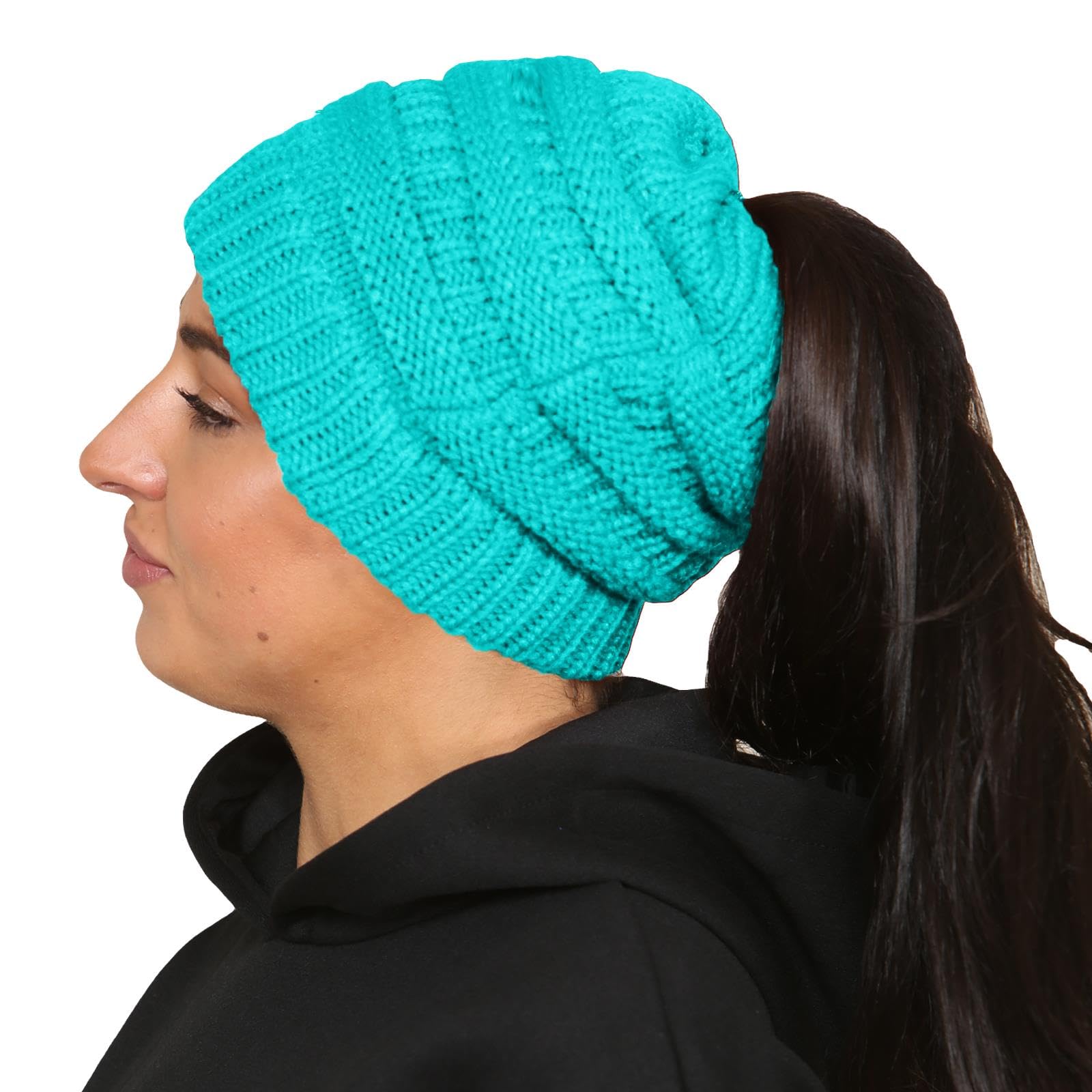 True Face Women's Mint Ponytail Hat Stretch Knit Hats Messy Bun Beanie Warm Winter Headwear One Size