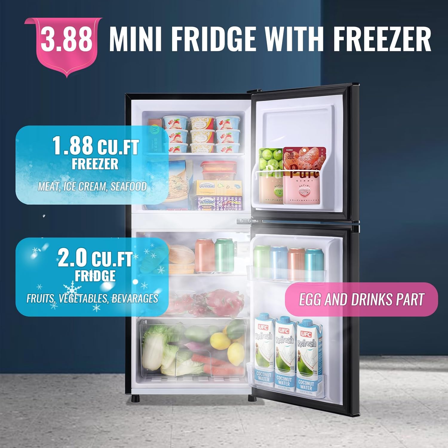 DEMULLER Fridge with Freezer Two Doors Refrigerator with 7 Setting Adjustable Thermostat Crisper Drawer & Removable Shelves Low Noise Freezer-on-Top Refrigerator LED Light, 3.88Cu.ft, Black