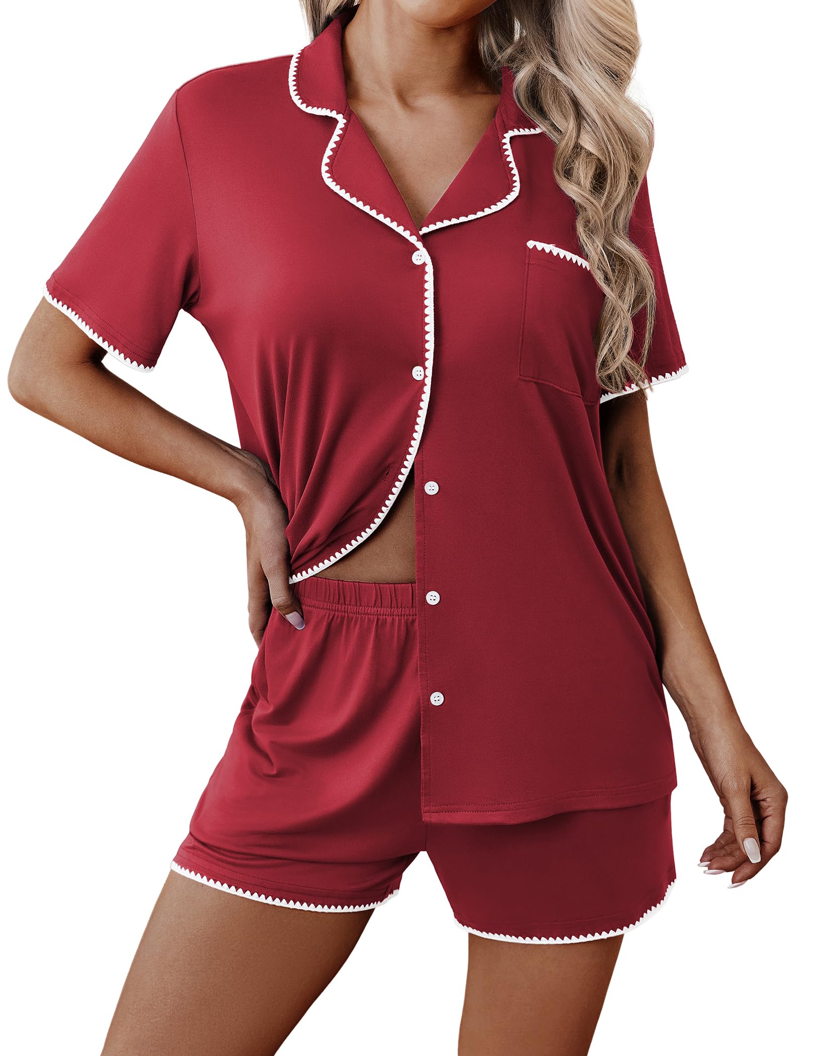 Ekouaer Pajamas for Women Set 2 Piece Soft Button Down Top and Shorts | Short Sleeve PJs with Cute Scalloped Trim, Soft Lightweight Lounge Sets, Ideal for Sleep, Travel &amp; Vacation