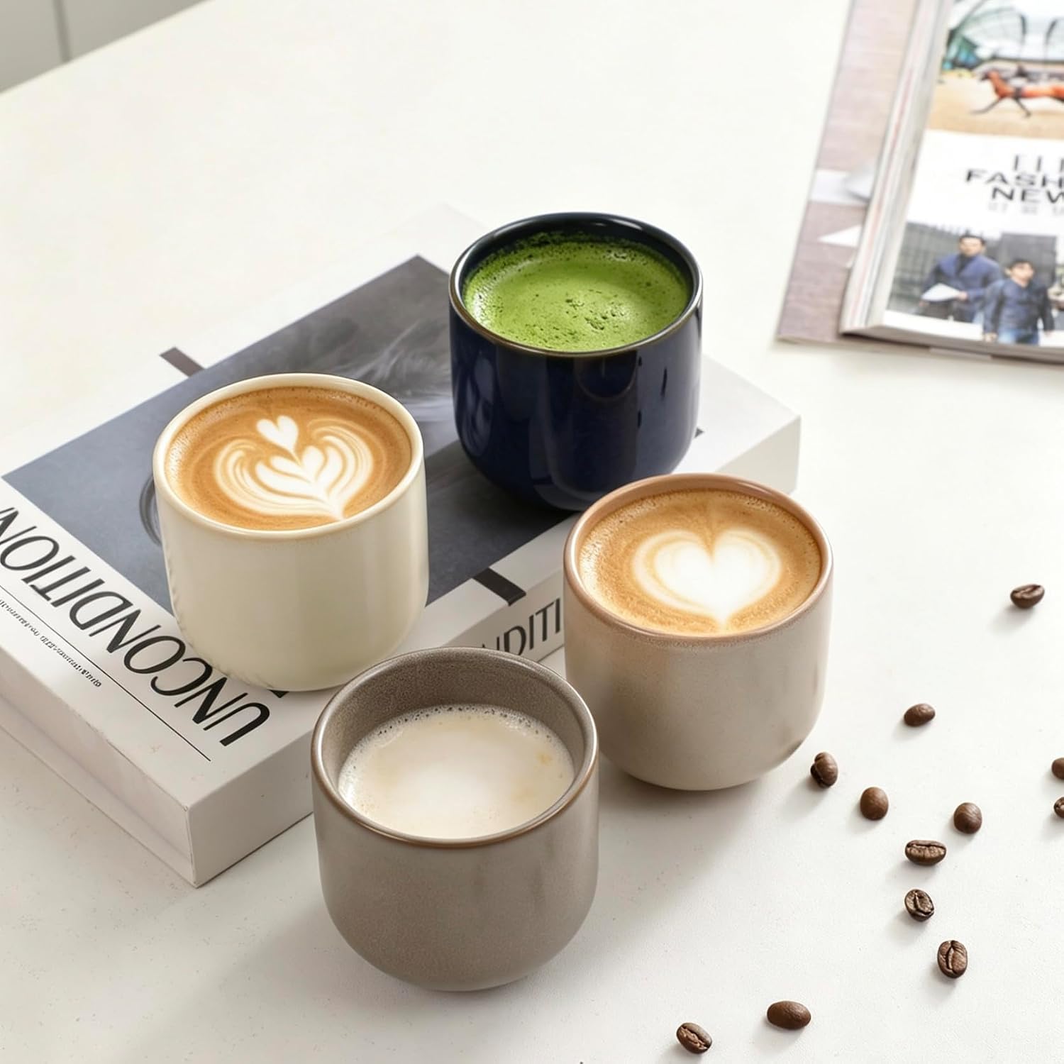 5 oz small Japanese style tea cups set of 4, Handleless Demitasse Mugs for Double Shot espresso, Cortado,lungos & matcha, Little,Microwave and Dishwasher safe, natural and minimalist, (4 colors)