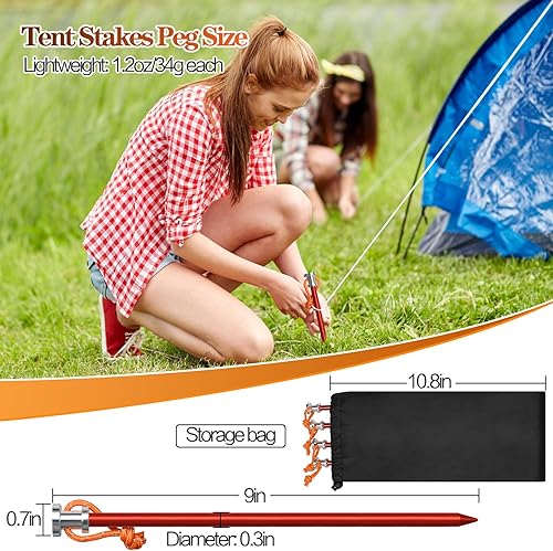 Miniatura 4 de Estacas para tienda de campaña, 481216 unidades de estacas de aluminio resistentes y ligeras de 9 pulgadas con cabeza de cuerda y bolsa de