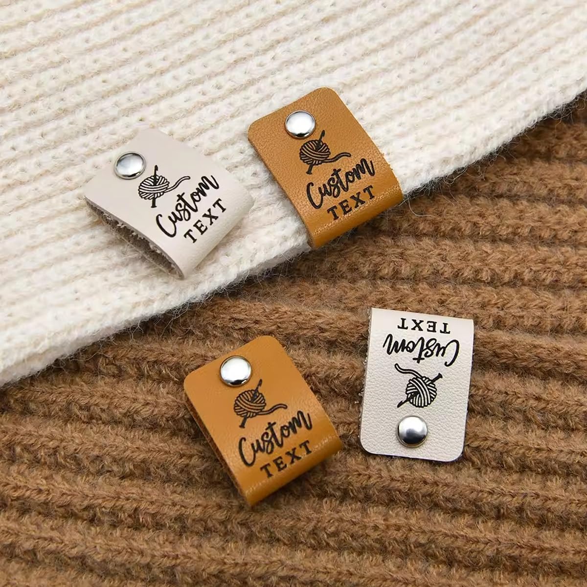 BFBZYME 10-100 Pcs Personalised Labels For Crochet And Knits Items, Custom Name Tags For Clothes, Leather Personalized Labels With Rivet For Handmade Items (60x20 mm)