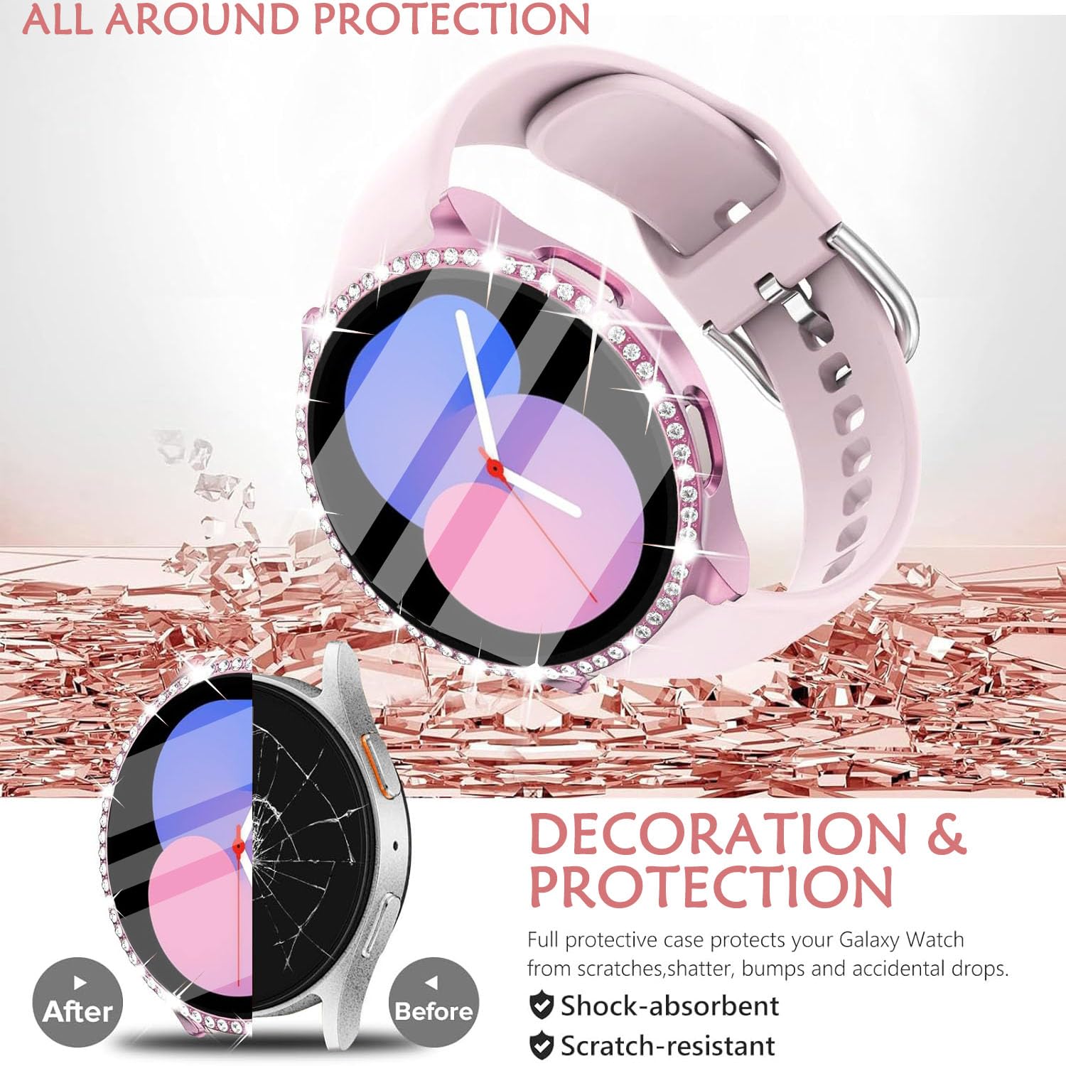 DEALELE [2-PACK] Case Compatible with Samsung Galaxy Watch 5/4 44mm, Bling Single-Row Diamond PC Protective Case Replacement Watch Cover Bumper (44mm, Gold+Transparent) — view 88