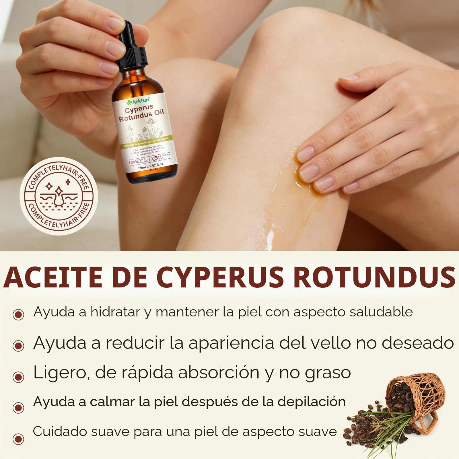 Aceite Cyperus Rotundus Oil, Aceite Depilatorio de Cyperus Rotundus 120ml, Oil Natural para Reducir el Crecimiento del Vello, Eliminación de Vello Corporal, Suaviza la Piel, Inhibidor de Crecimiento