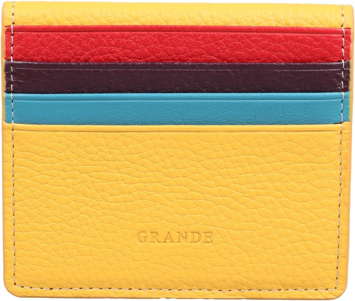 grande 762 Genuine Leather Card Holder For Men Slim Minimalist Card Case Small Magnetic Wallet - Yellow Multicolor