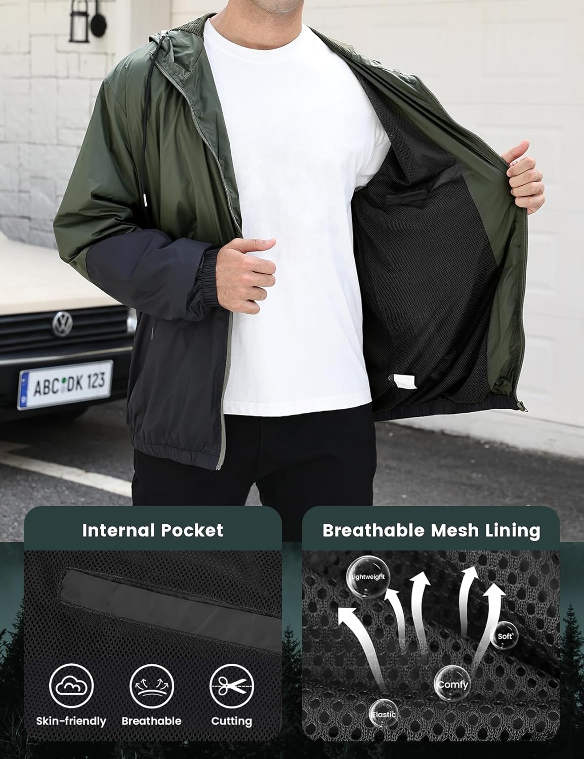 Yimoon Windbreaker Jackets for Men Lightweight Hooded Outdoor Jacket Oversized Zip Up Patchcolor Raincoat Jacket - Image 4