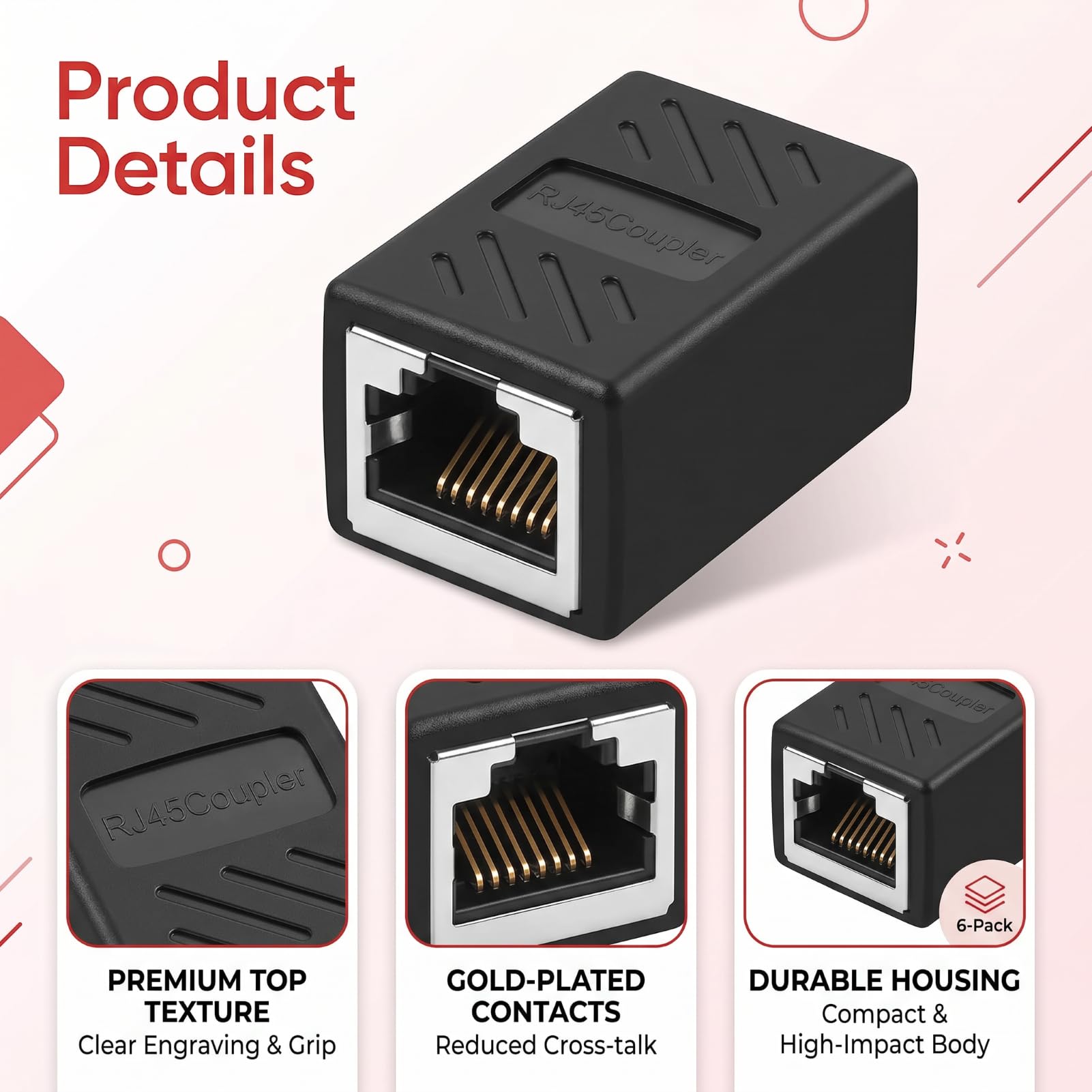 6 Stück RJ45-Koppler weiblich, Ethernet-Anschluss, Verlängerung, Adapter, Ethernet-Netzwerk, geschirmt, Cat7, Cat6, Cat5e, Cat5, Anschluss Verlängerung LAN-Kabel, 10 Gbps, RJ45-Anschluss für PC Router