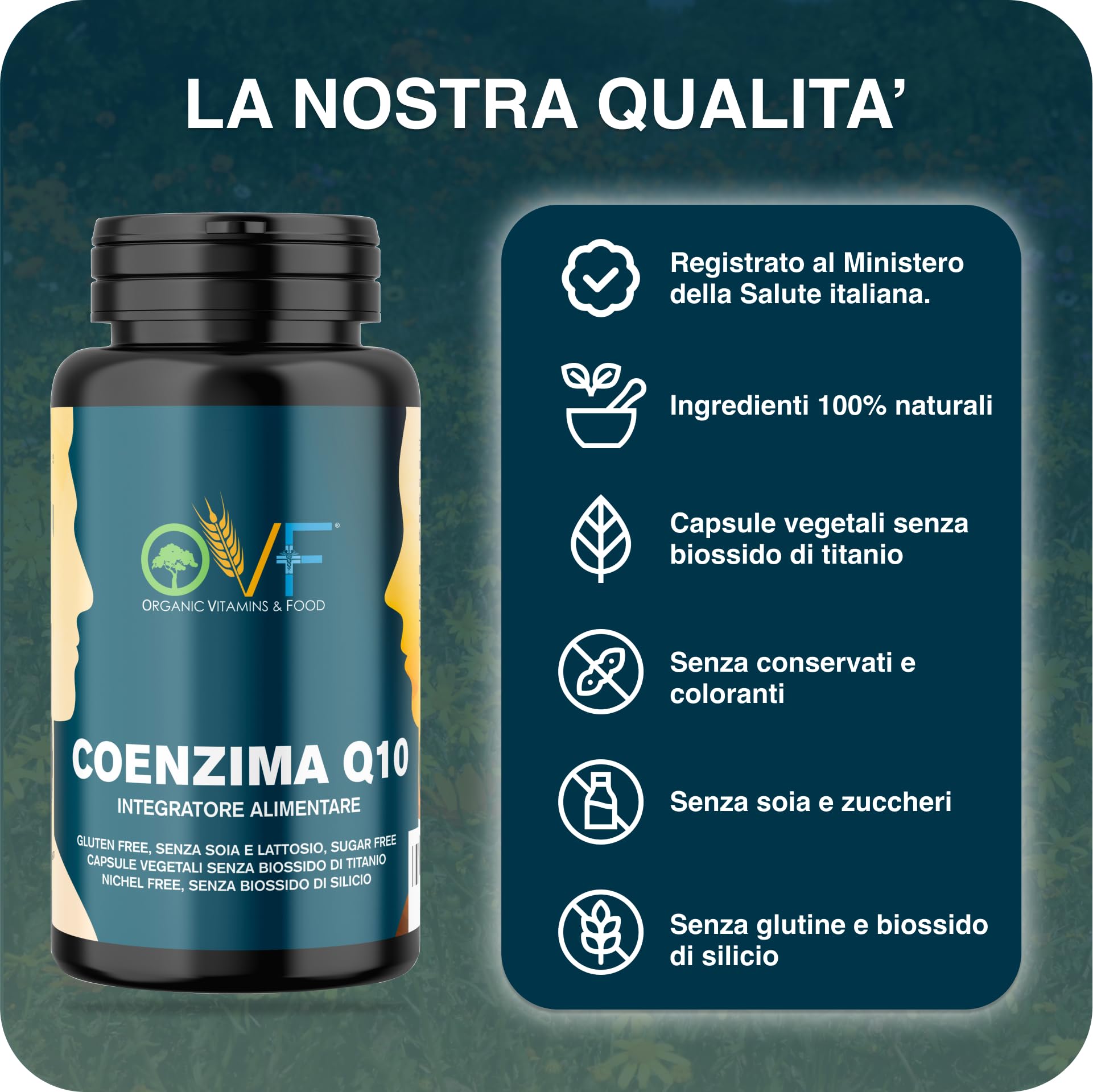 OVF Coenzima Q10 100mg (60 Cps) - Sostegno Energetico e Cardiaco - Integratore Naturale - Q10 Coenzima Antiossidante AntiAge per la Pelle e il Sistema Immunitario.