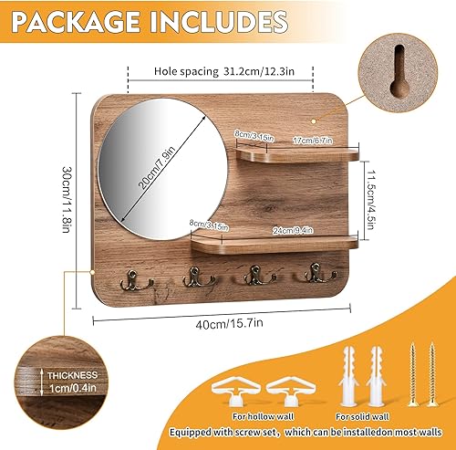 Miniatura 3 de Soporte para llaves de pared con estante para llaves de madera rústica con gancho para llaves organizador para pared con espejo y 4 ganchos para