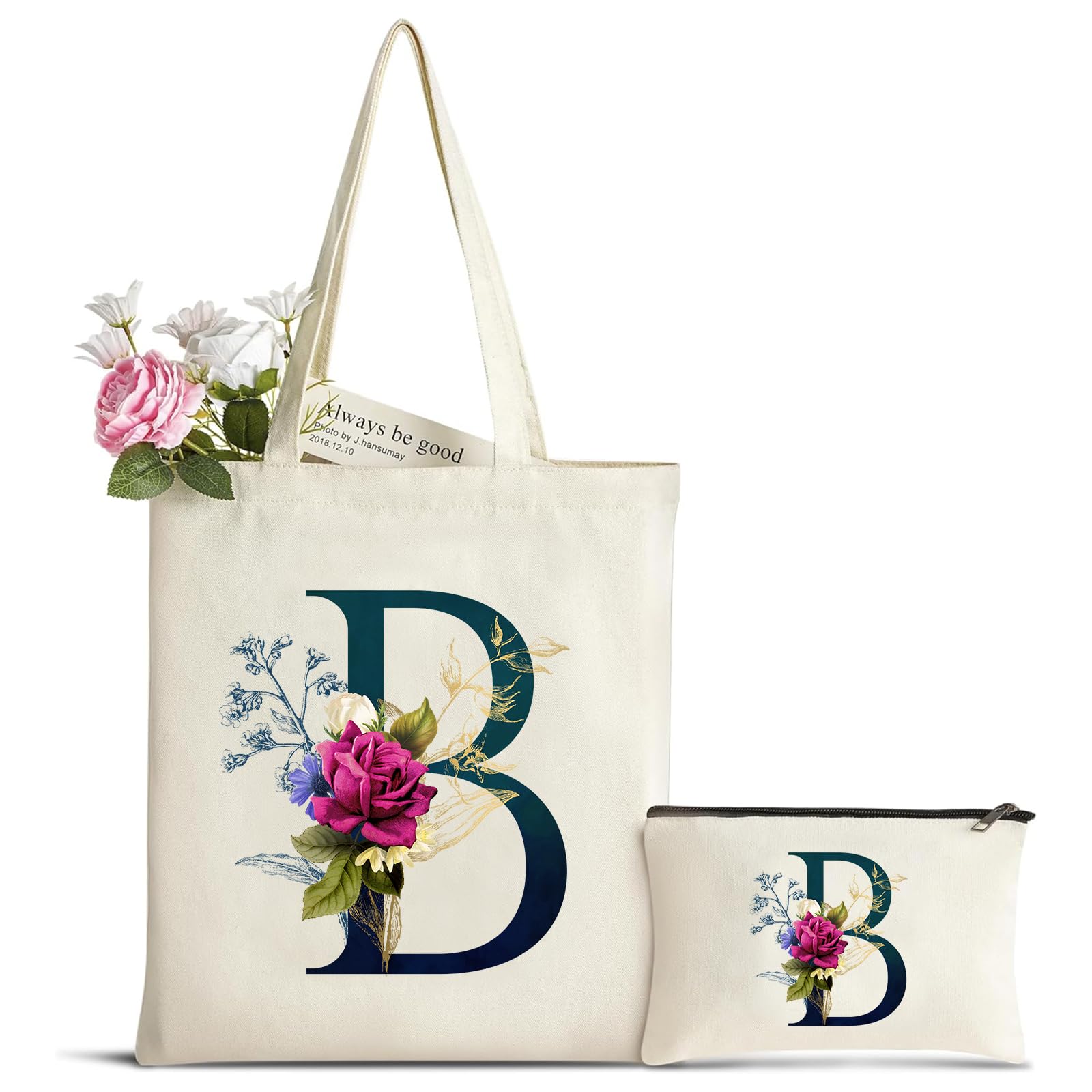 Borsa Tote In Tela Con Iniziale Floreale + Pochette Trucco – Riutilizzabile, Per Spesa, Spiaggia E Regali – Idea Per Mamma