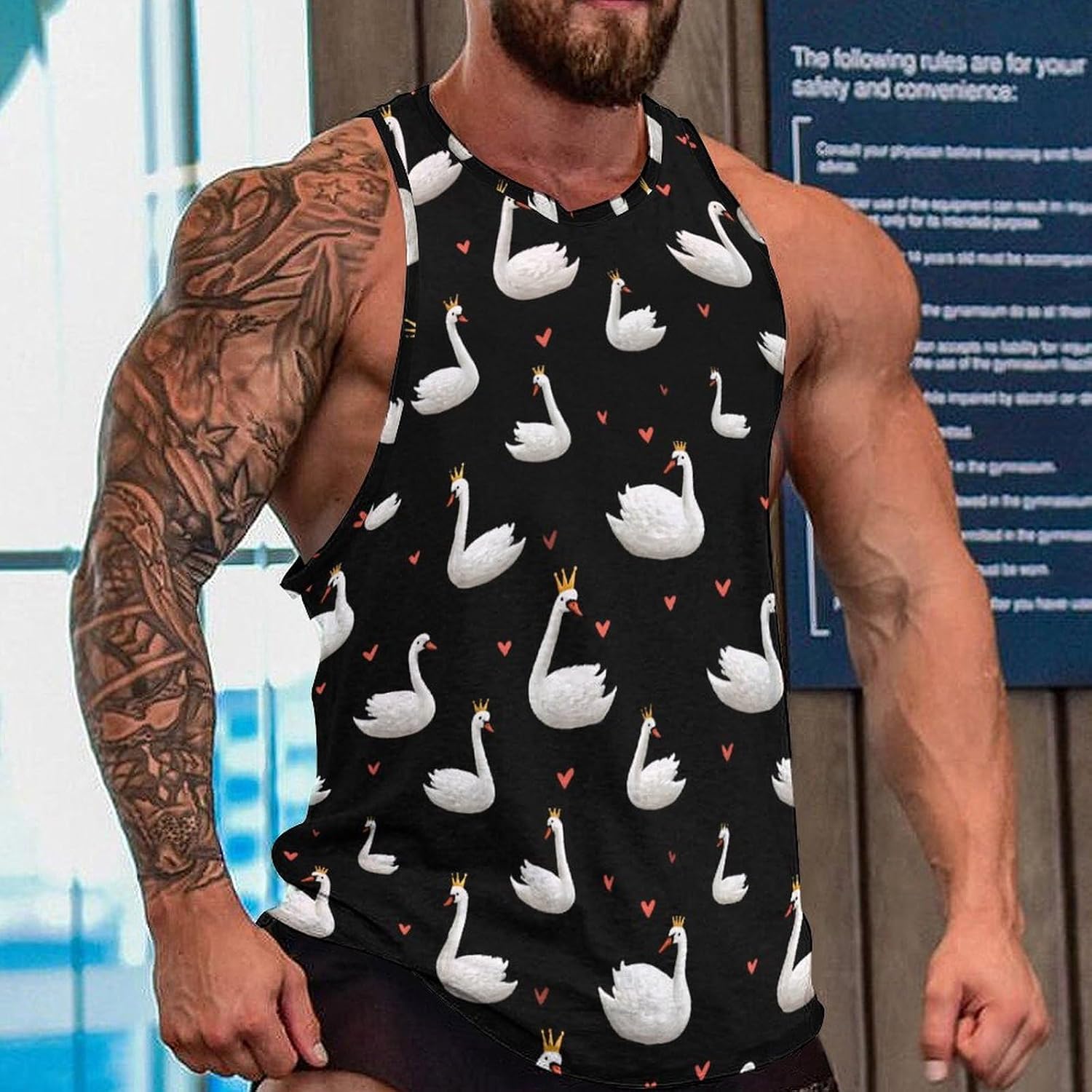 Swan Print Men Tank Top Workout Shirt Muscle T Shirt 5XL