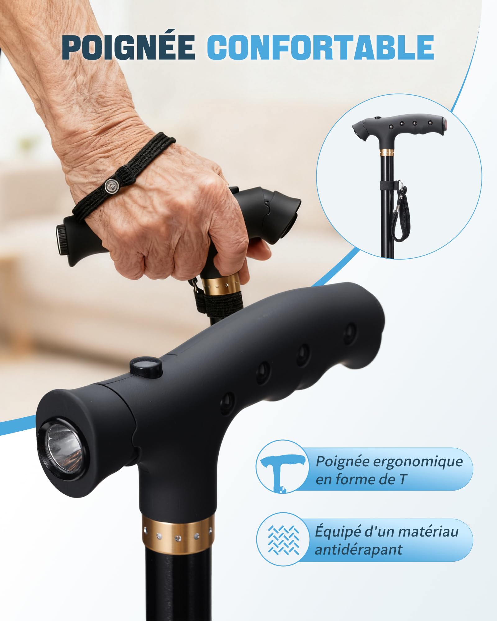 Sinocare Canne de Marche Pliable, Canne Légère et Portable avec | Base Pivotante 360° Poignée en T, Résistant 115kg, Réglable 85-95cm LED pour Adultes et Seniors