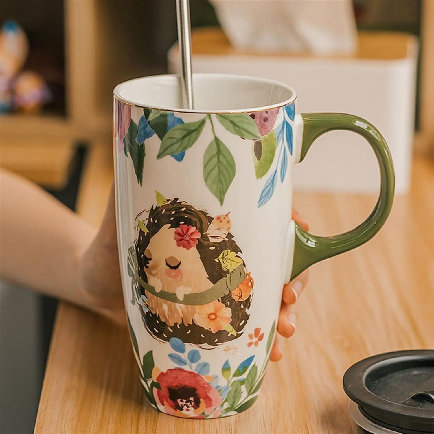 Taza de café de 550 ml, Taza de cerámica de Gran Capacidad, Hermosa Taza de Desayuno con Tapa, Taza para Beber para el hogar o la Oficina con Cuchara, Taza de té