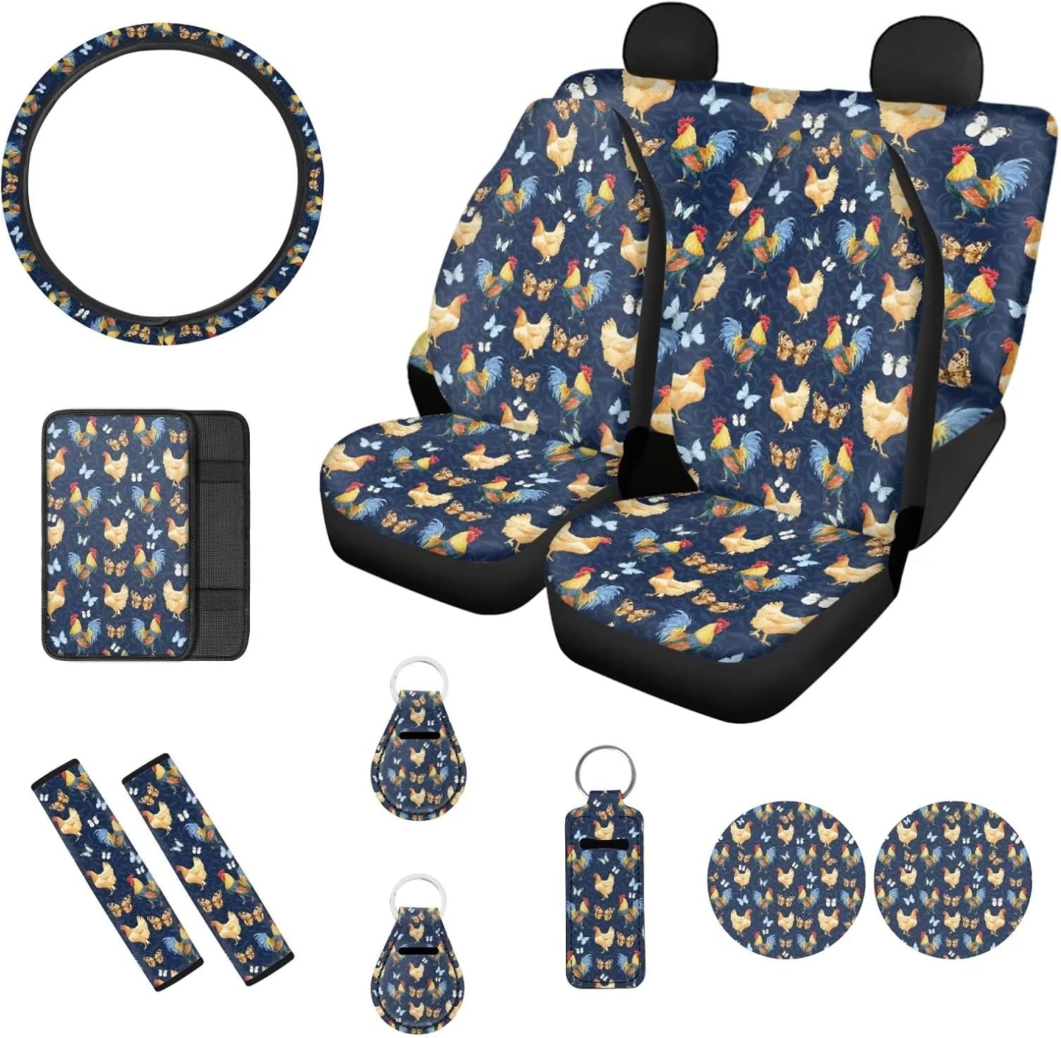 Biyejit Chicken Rooster Car Accessories Skull Car Seat Covers Full Set for Women with Steering Wheel Cover Seat Belt Cover Console Armrest Pad Coaster Keychains, Set of 13 Car Decor for Most Cars