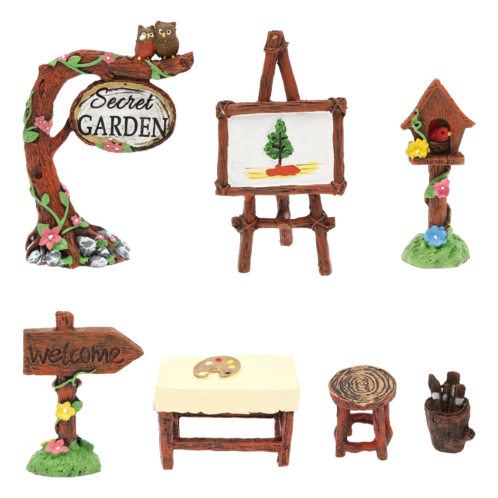 MENIBBLER 7Pcs Miniature Fairy Garden Accessories Kit, Resin Micro Landscape Ornaments with Easel, Table, Stool, Road Sign & Birdhouse for DIY Craft, Plant Pots, Dollhouse & Outdoor Decor