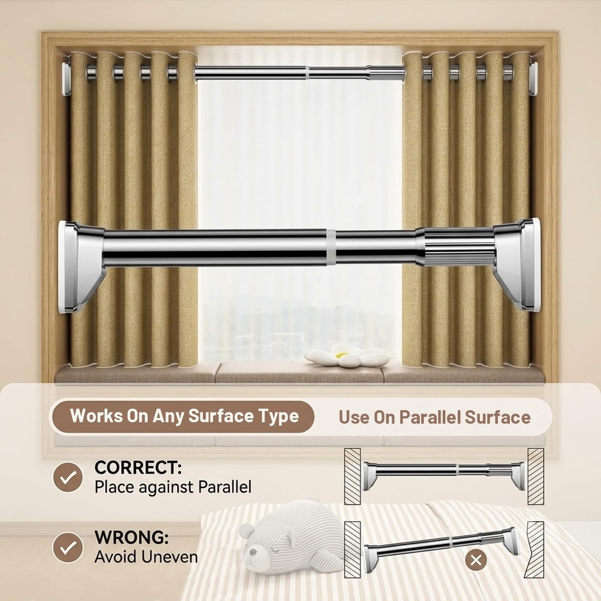 Tringle de Rideau de Douche Réglable Barre Télescopique Extensible 40-250 cm Tringle à Rideaux Tension Sans Percage pour Salle de Bain Cuisine(Blanc,1.1-2.0m/43in-79in)