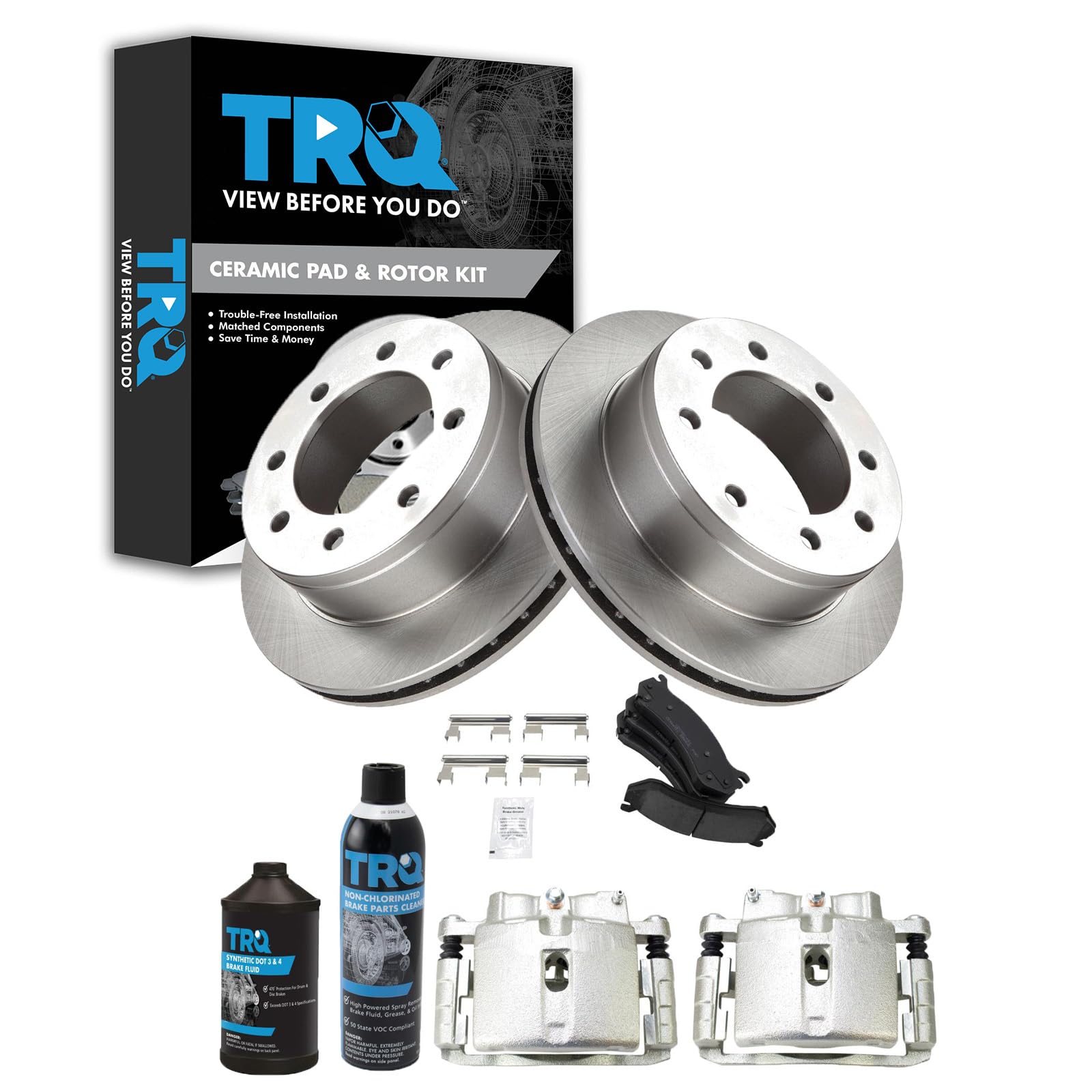 TRQ Rear Brake Pad Caliper &amp; Rotor Kit with Chemical Kit Ceramic