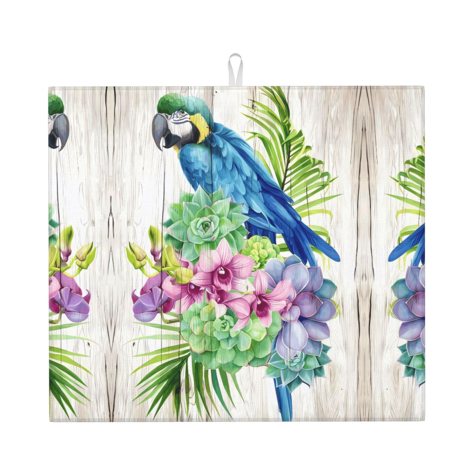 Yyhwhjde Black Blue Parrot In Flowers Prints Kitchen Drying Mat – Absorbent Dish Throw For Countertop, Non-Slip Layer With Vibrant Prints, Ideal For Housewarming