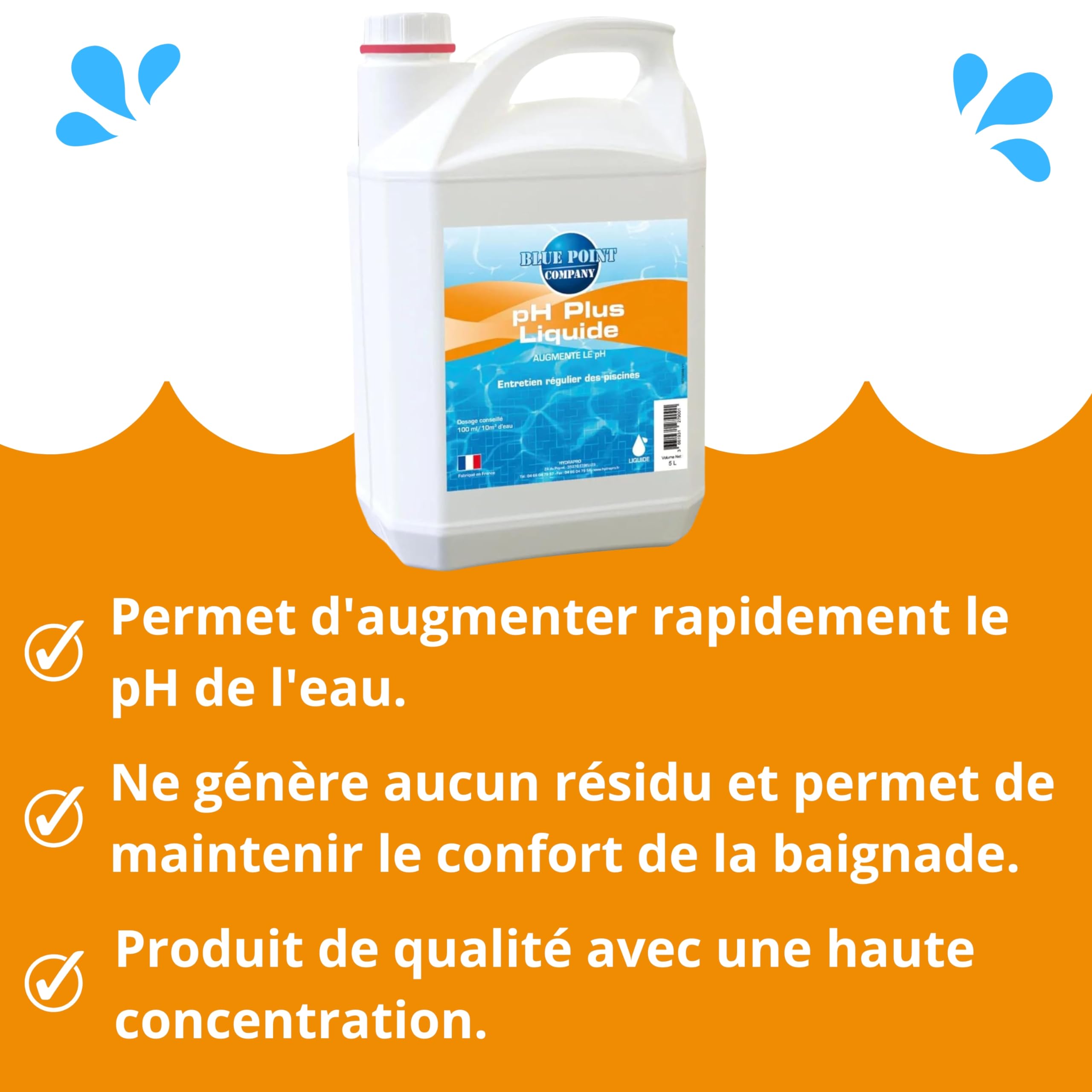 Ph Plus Piscine – Traitement Ph pour Piscine/Ph+ Liquide 5L– Permet d’Augmenter Rapidement Le Ph de l’Eau/Produit Fabriqué en France