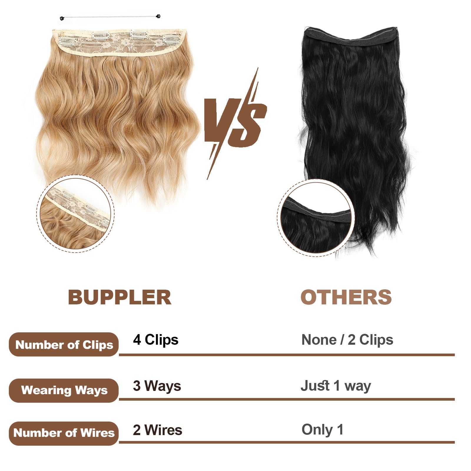 BUPPLER Halo Hair Extensions 12 Inch Invisible Wire Hair Extensions Adjustable Long Wavy Hairpiece Synthetic Upgrade 4 Secure Clips in Hairpieces 12 Inch,Medium Golden Brown - Image 4