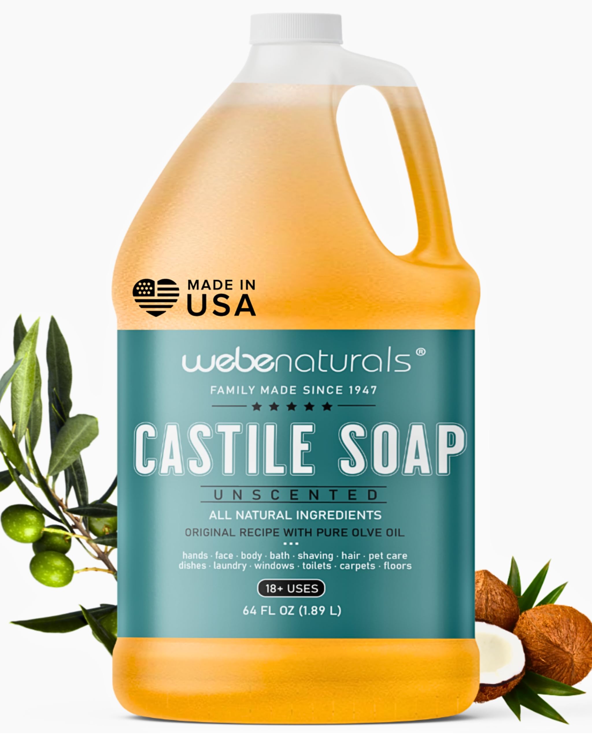 WEBE Pure Unscented Castile Liquid Soap Refill, 64 Ounce | Vegan & Gluten Free Non-GMO, For Face, Body Wash, Dishes, Pets & Laundry