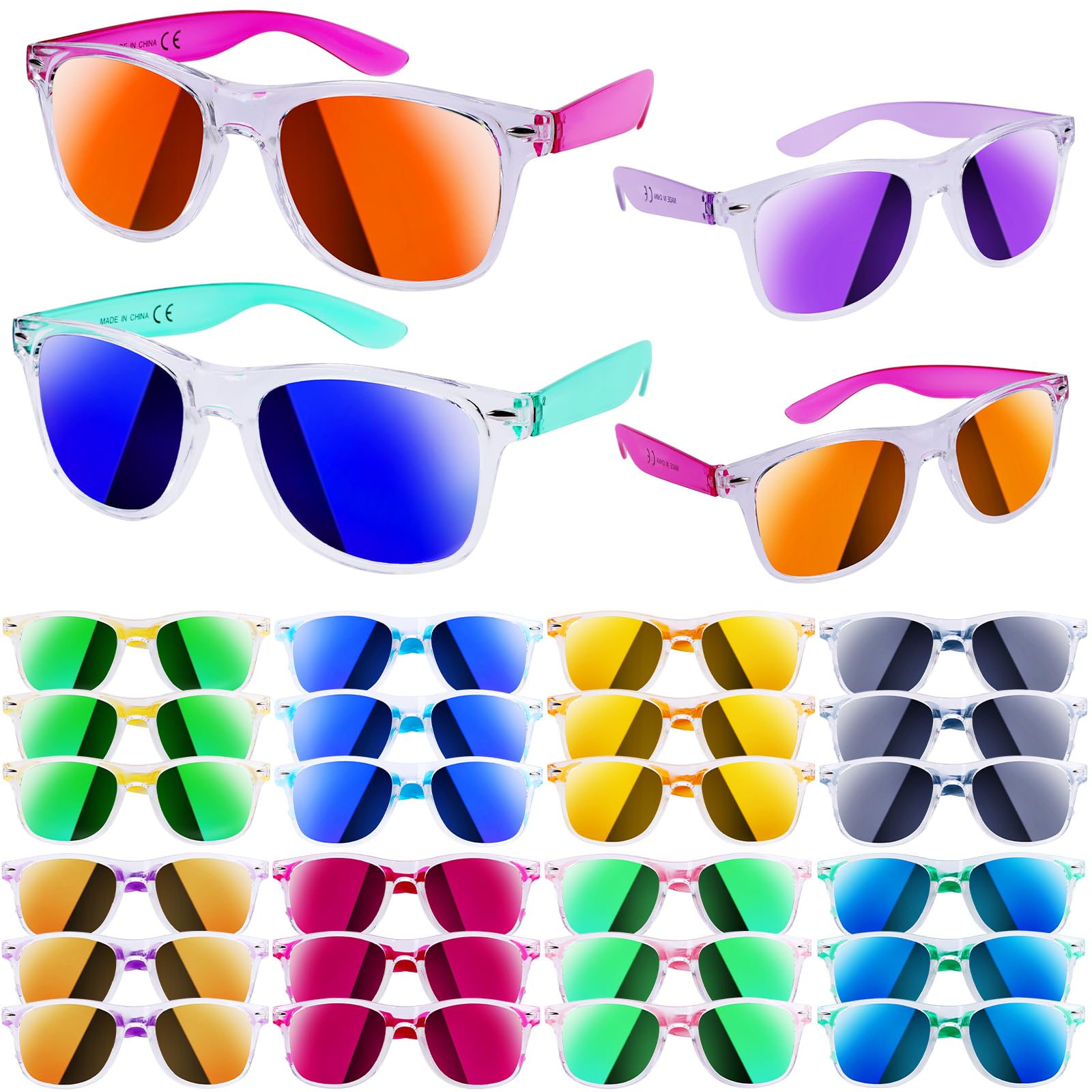 Paquete de 24 lentes de sol para niños, recuerdos de fiesta, lentes de sol translúcidos neón con protección UV a granel para niños y adultos, perfectos para verano, piscina, playa, cumpleaños, fiesta