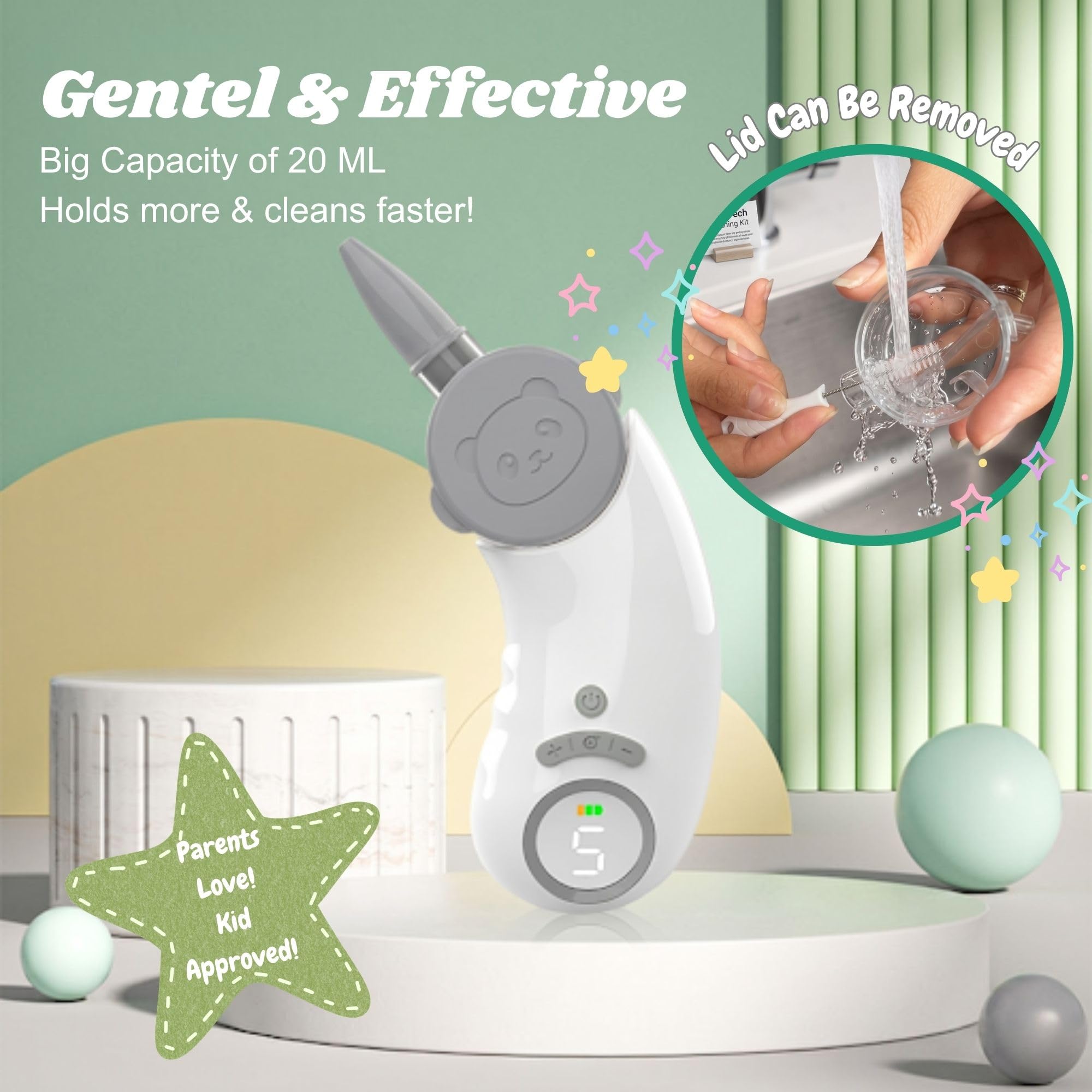 Aspiratore nasale elettrico per bambino, con ventosa per il naso con design adatto ai bambini, 5 livelli di aspirazione fino a 70 kPa, LED lenitivo e musica, coperchio rimovibile, impermeabile IPX7