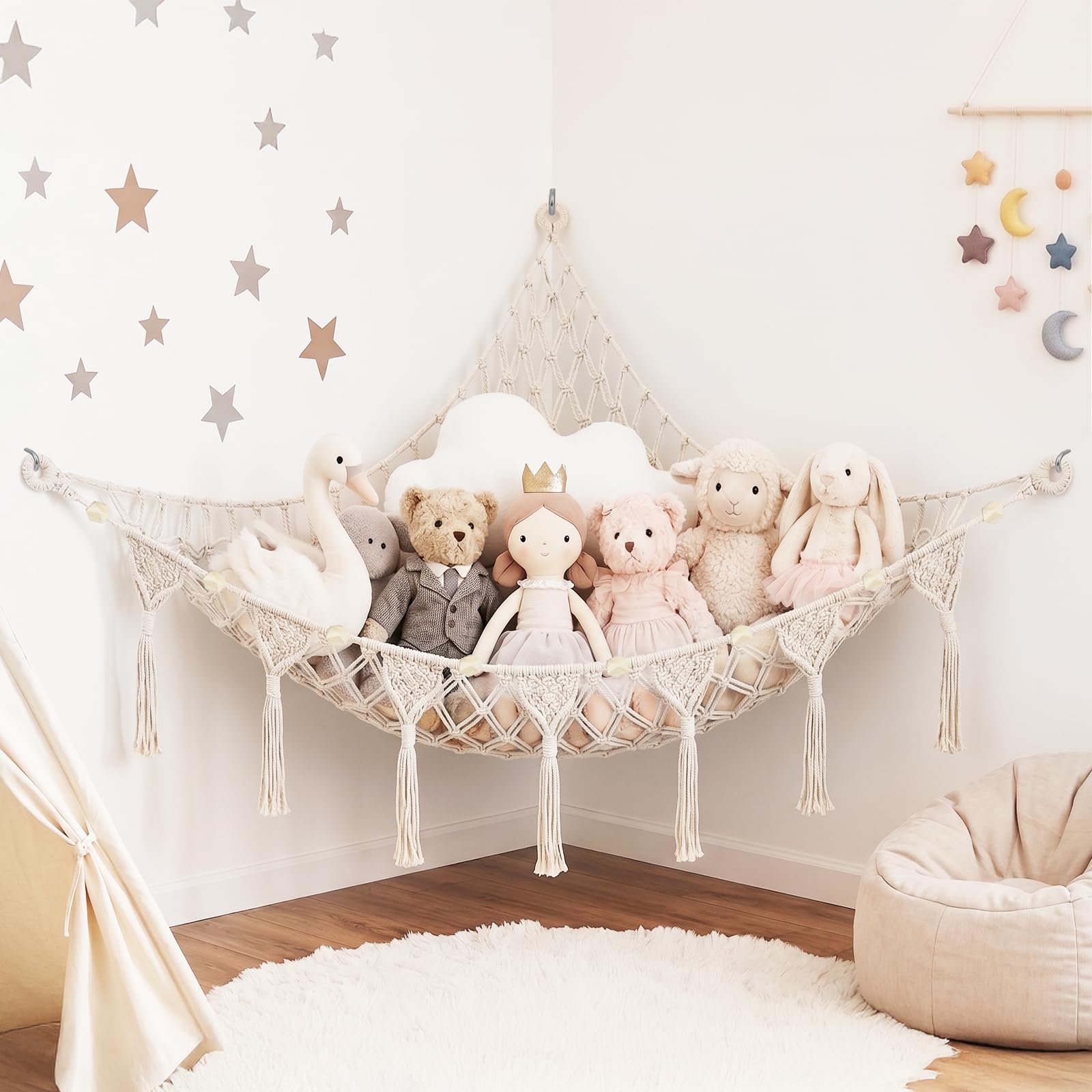 Toy Hammock for Stuffed Animals, Teddy Hammock, Toy Net, Macrame Boho Corner, Tassel Hanging Organizer, Soft Cuddly Toy Storage Net for Kids, Bedroom, Nursery Decor, Beige - Beige - Knot Design