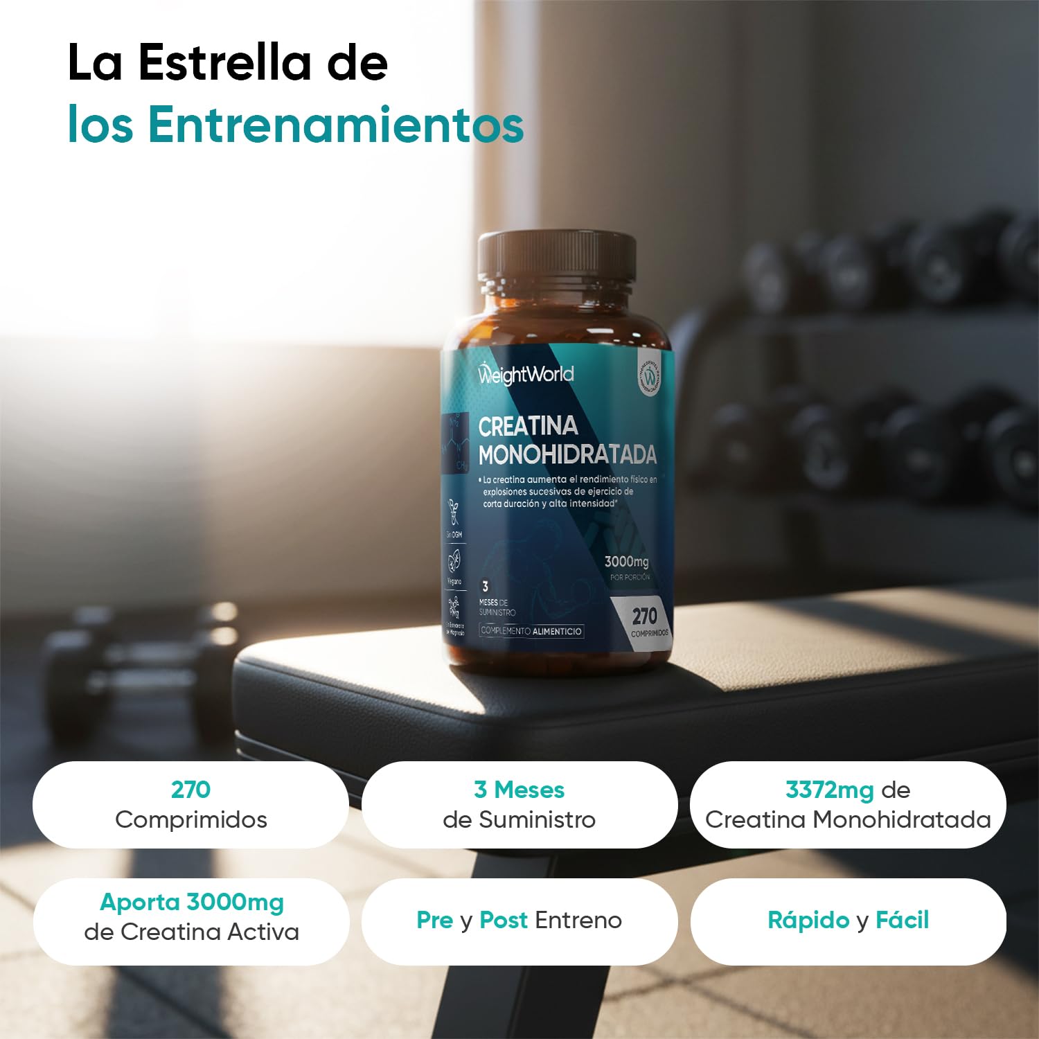 Creatina Monohidratada 3000mg, 270 Comprimidos, 3 Meses de Suministro - Suplemento Deportivo Apto para Veganos, 3 Comprimidos al Día, Sin OGM ni Estearato de Magnesio