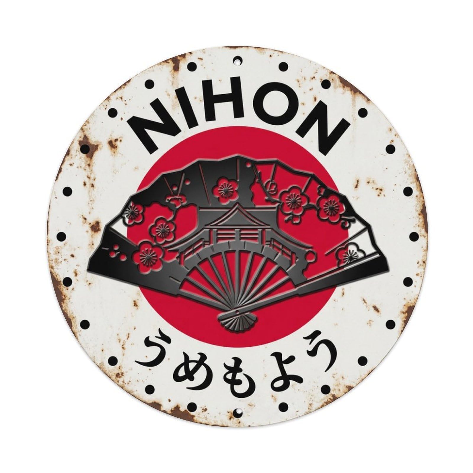 Galvaxio Style Plum Blossom Fan Nihon Spring Flower Aged Metal Tin Sign