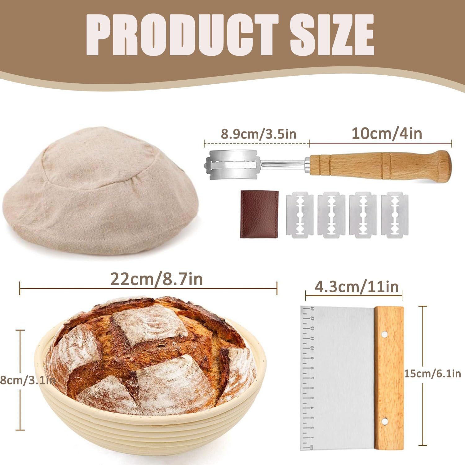 Panier à pain rond en rotin avec doublure en lin - 22 cm - 100 % rotin naturel - Pour levain - Comprend un coupe-pâte, un coupe-pain, pour boulangers professionnels et amateurs