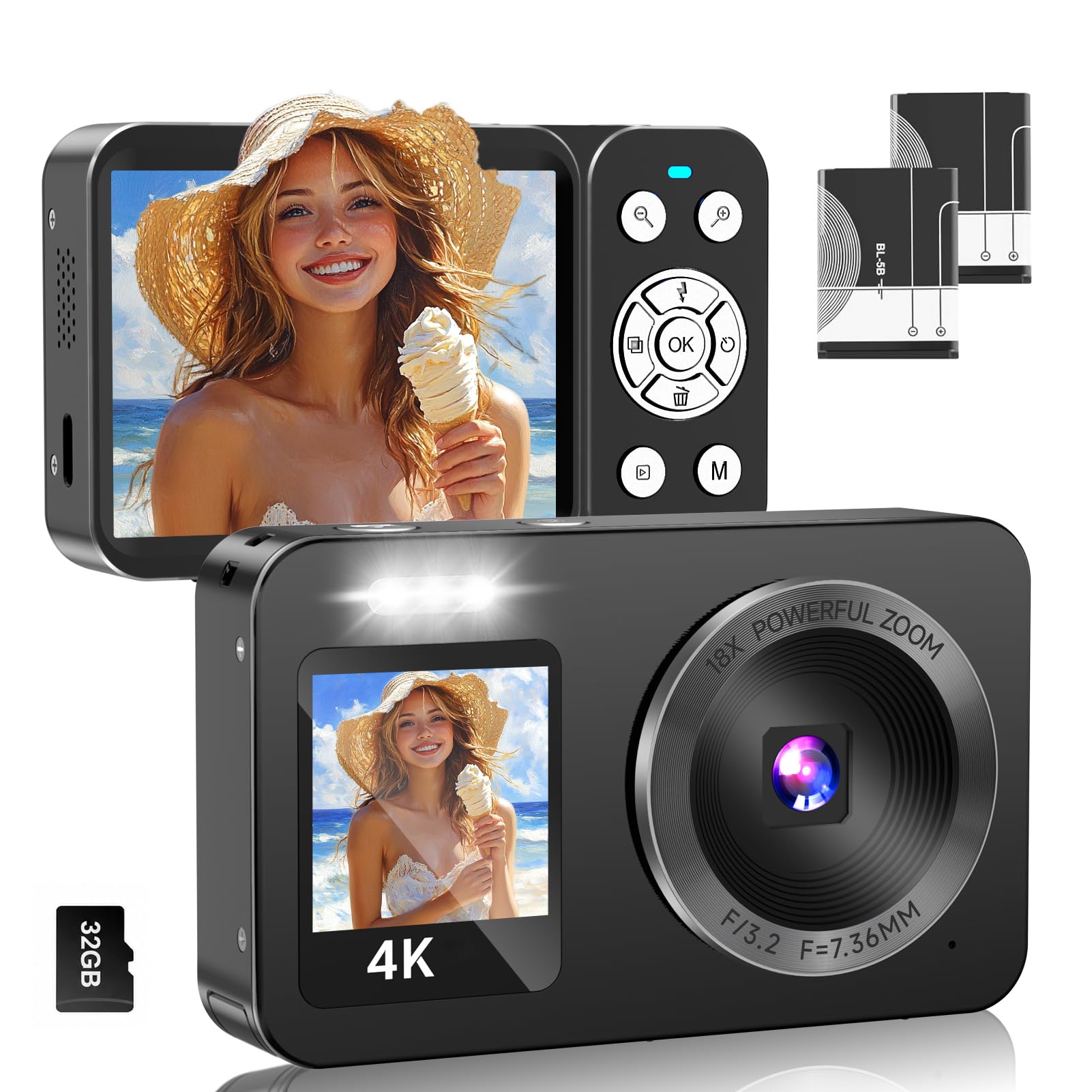 Digitalkamera 4K 64 MP, Dual-Display 18X Digitalzoom, Mini-Kompaktkamera für Vlogging (tragbar), inkl. 2 Akkus, ideal für Kinder, Teenager, Schüler, Anfänger