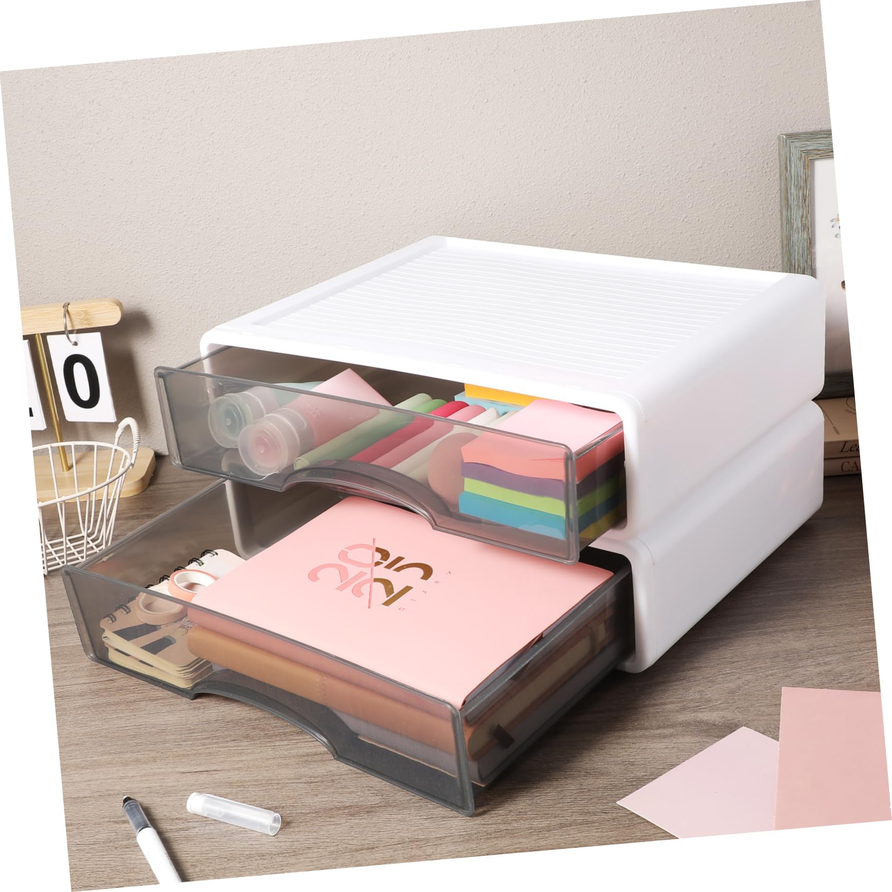 2pezzi Organizer Da Scrivania Impilabile Per Materiale Da Ufficio e Cosmetici Ampio Spazio Di Archiviazione Design Con Scorrevoli