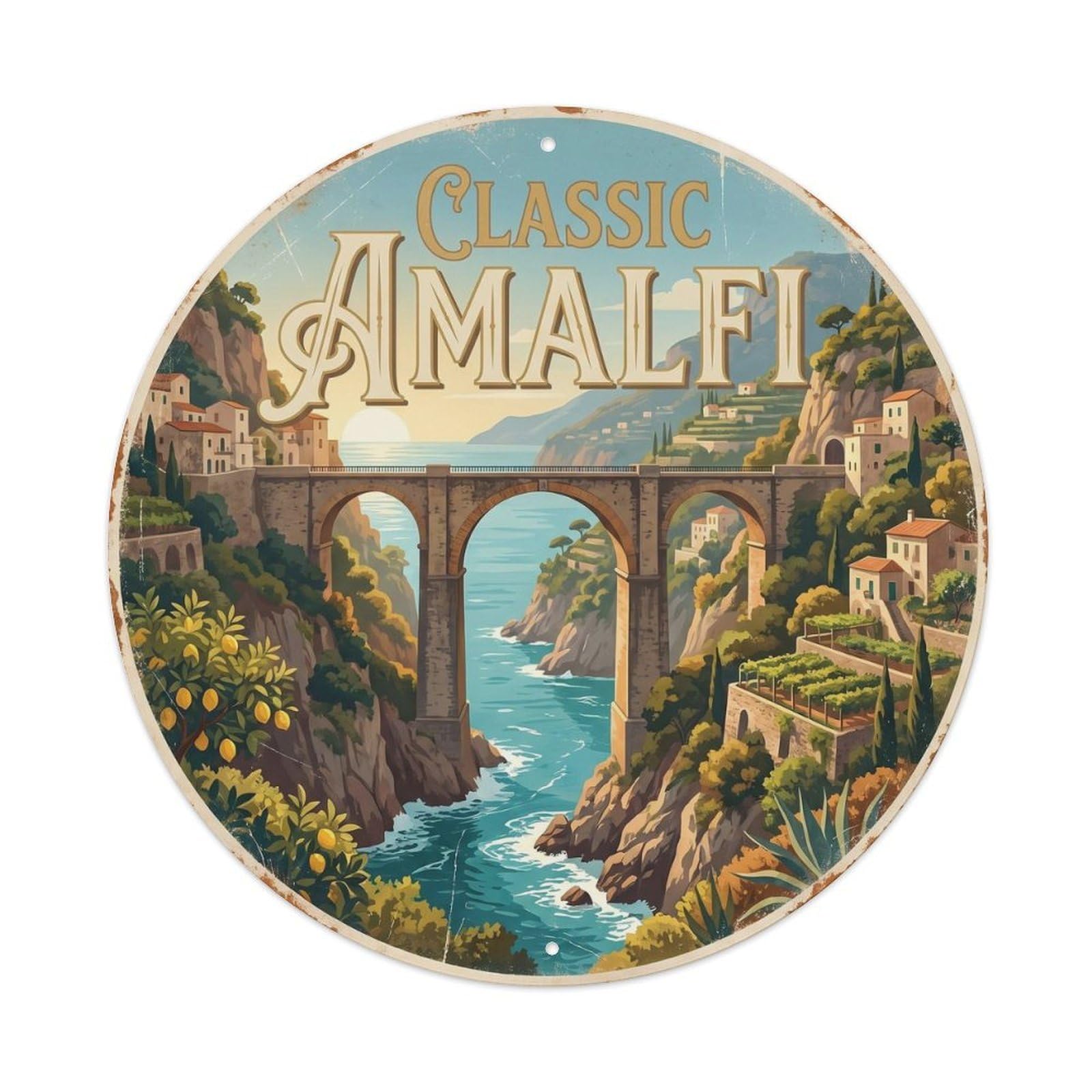 Amalfi Coast Arch Bridge Landmark Vintage Travel Mediterranean Metal Tin Sign Plaque Wall Decor for Cafe, Man Cave, Club Bar, Office, Home Garden Round Metal Poster 8x8Inch