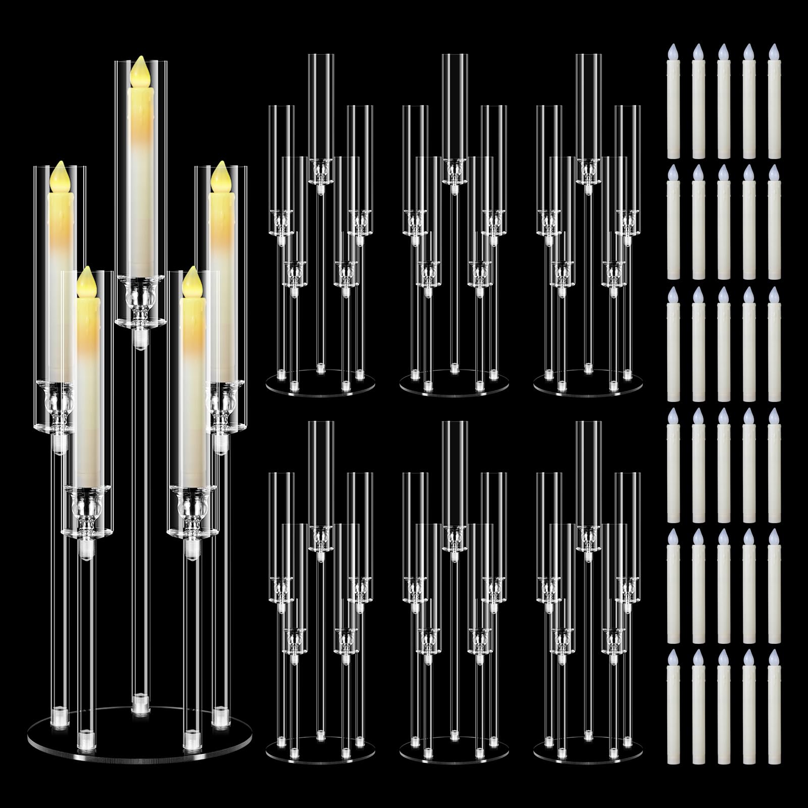 6 Sets Candle Holders 5 Arm with Candles for Tables, MSDADA 68 cm Tall Acrylic Candelabra, Clear Candlesticks Holder for Wedding Fireplace Party Decor Christmas Centerpieces