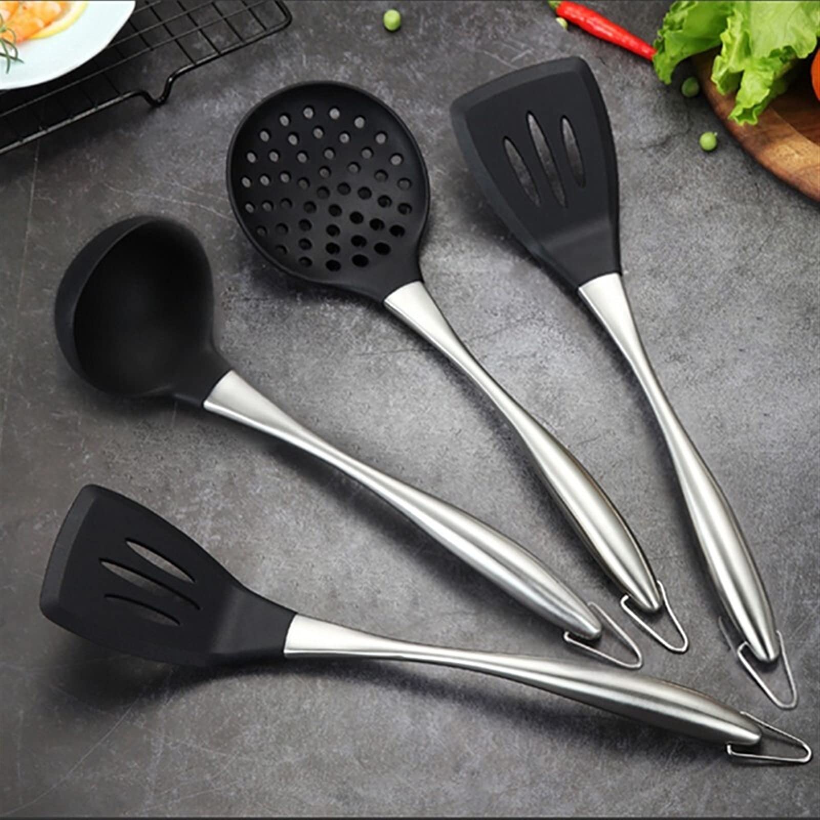 Pfannenwender, 4-teiliges Pfannenwender-Set aus Edelstahl, Silikon, Antihaftpfanne, hitzebeständiges Kochgeschirr, antihaftbeschichtet, im Lieferumfang enthalten