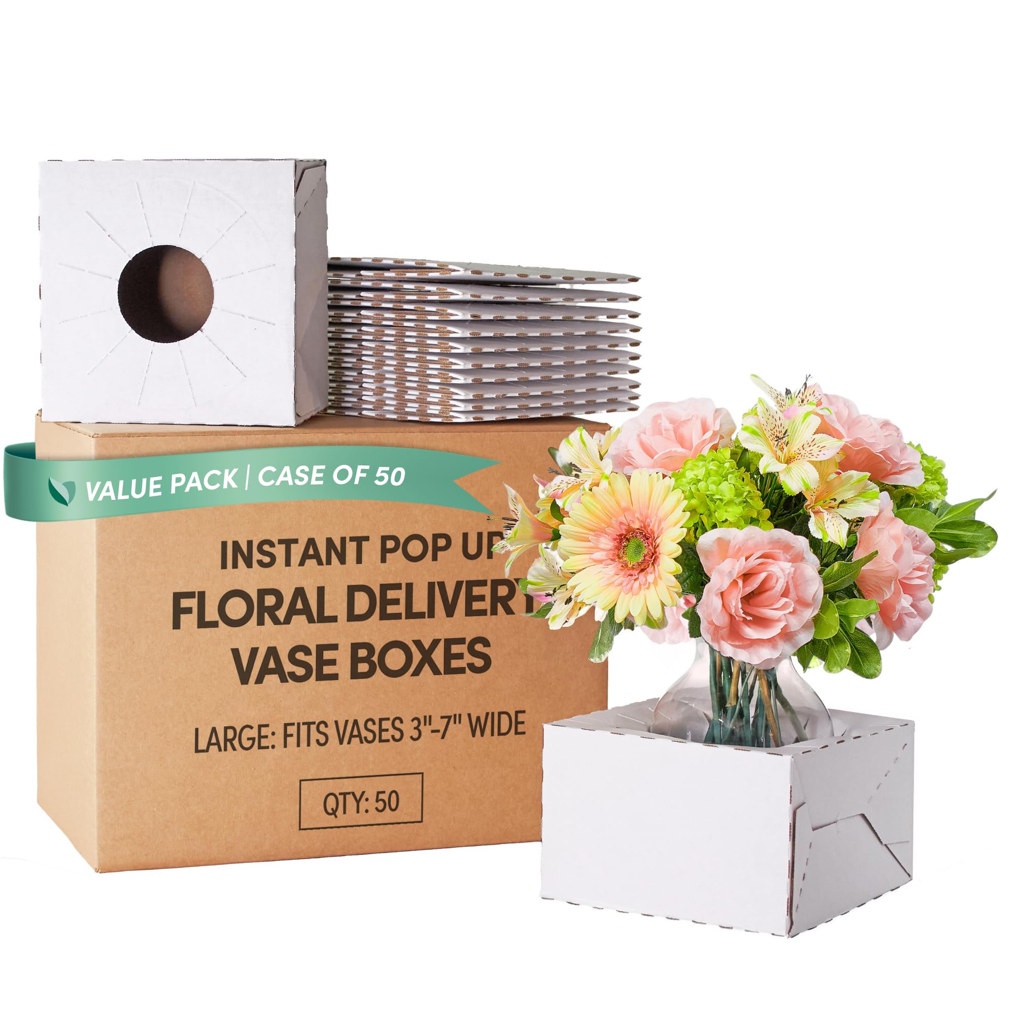 Holiday Designs - Pop-Up Flower Delivery Box, Heavy Duty Corrugated Cardboard Vase Boxes for Secure Floral Arrangements During Transport, 8 x 8 x 5 (