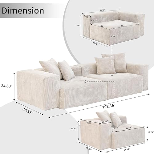 Miniatura 2 de WJShome Cloud Couch - Sofá modular modular de pana de 102 pulgadas, sofá modular LoveSofa de 2 plazas, sofá seccional convertible beige para sala de